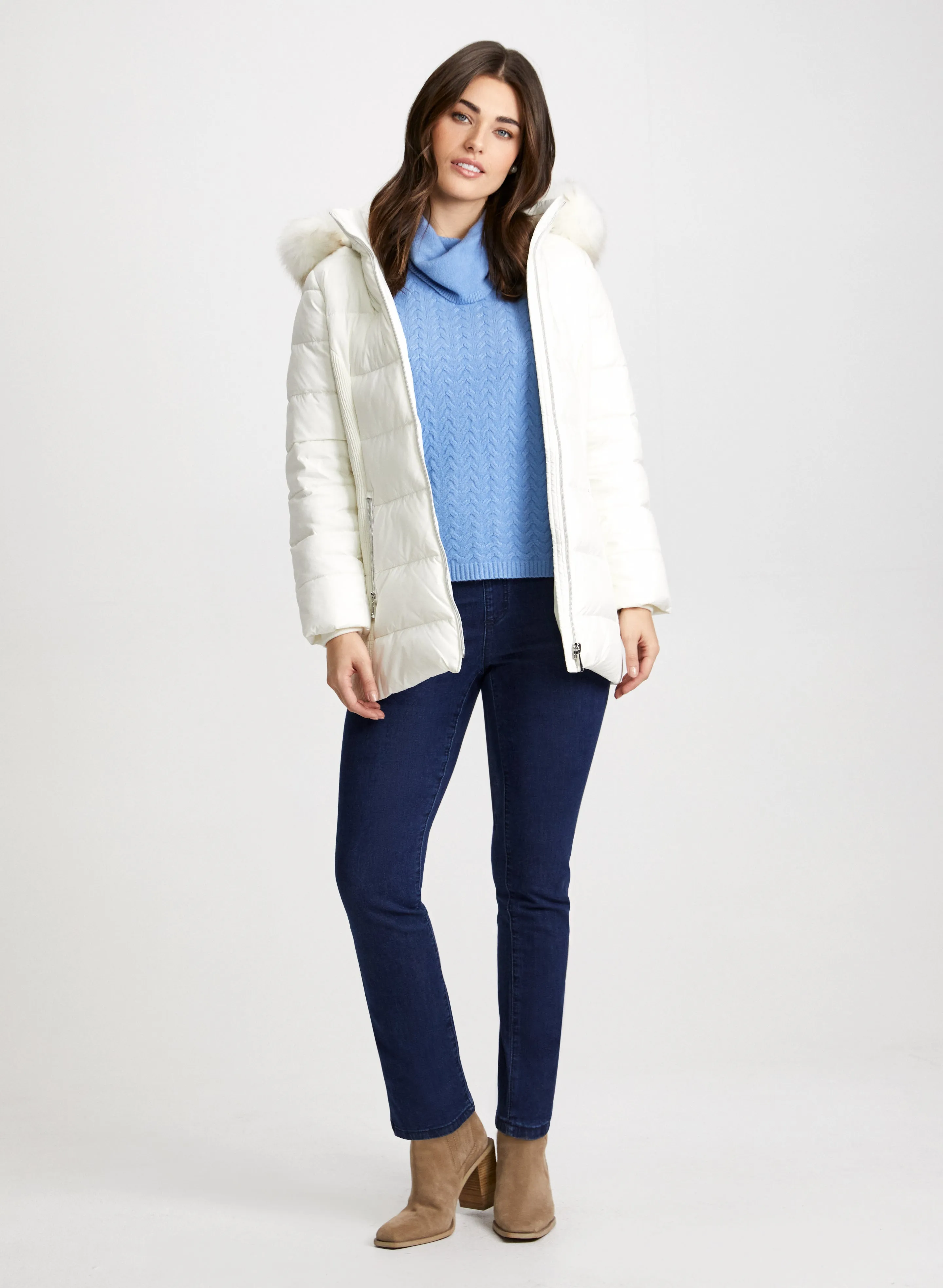 Quilted Coat, Cable Knit Sweater & Straight Leg Jeans sold by Laura