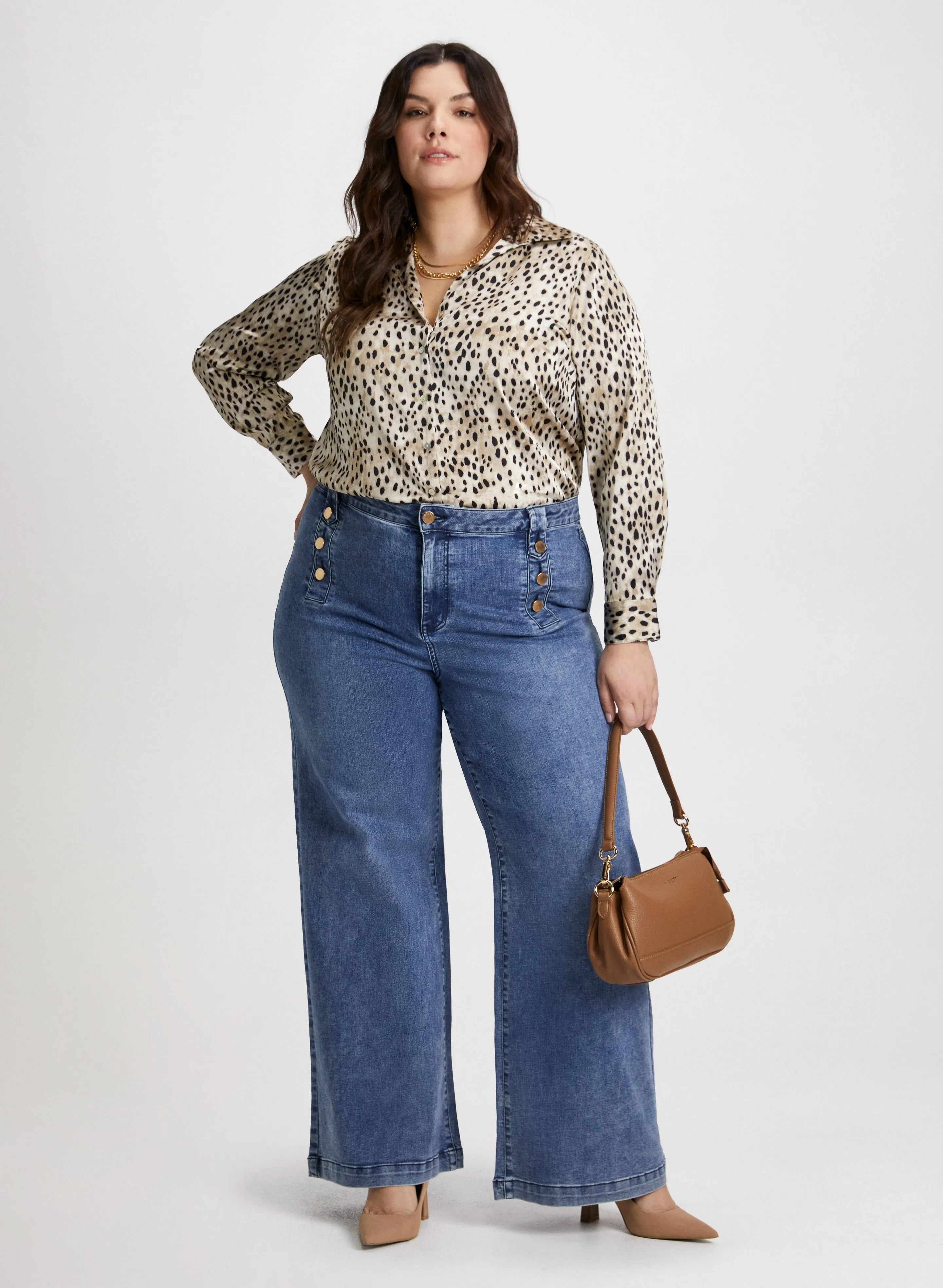 Animal Print Satin Shirt & Wide Leg Jeans sold by Laura