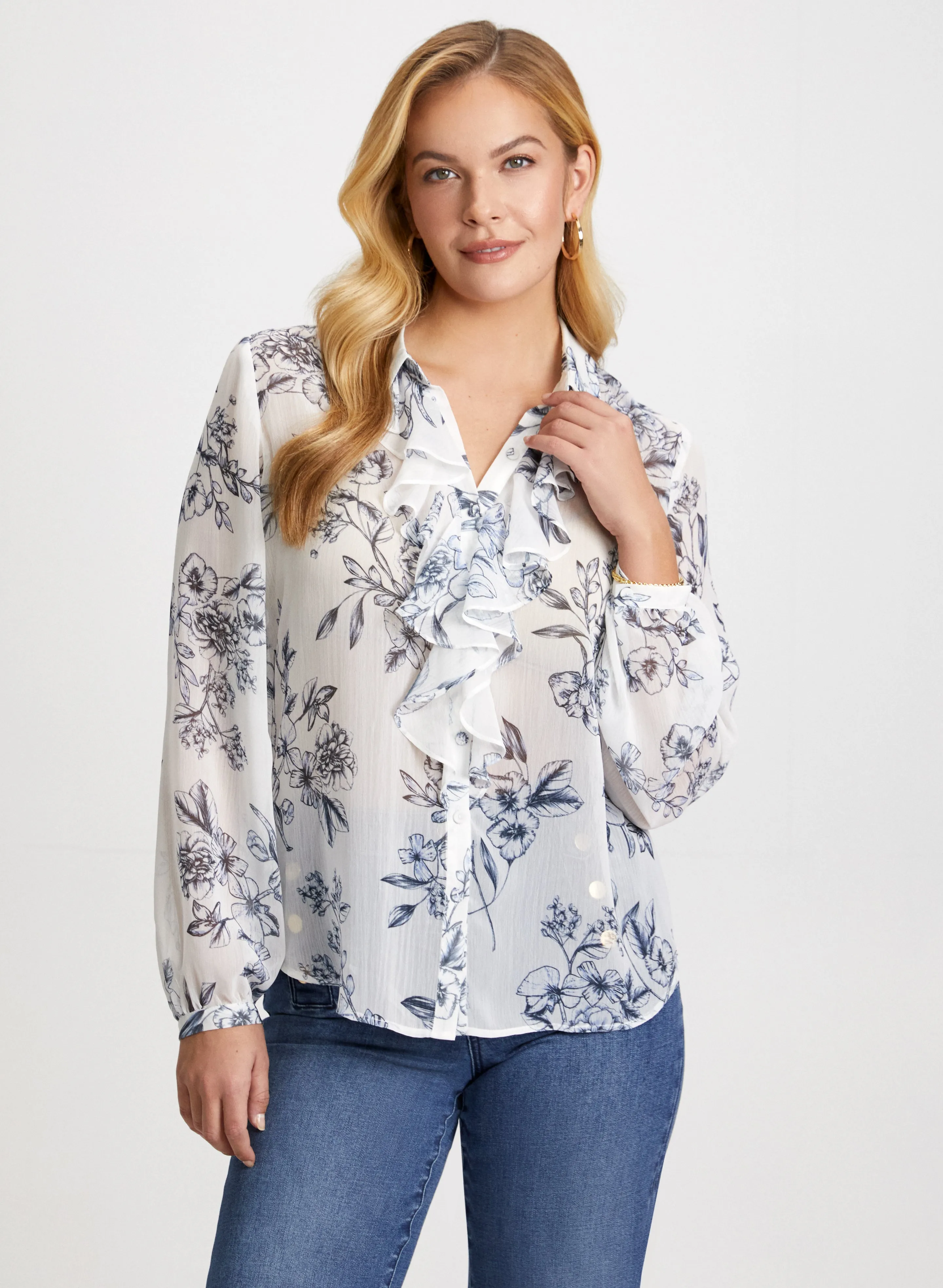 Floral Print Ruffle Shirt sold by Laura