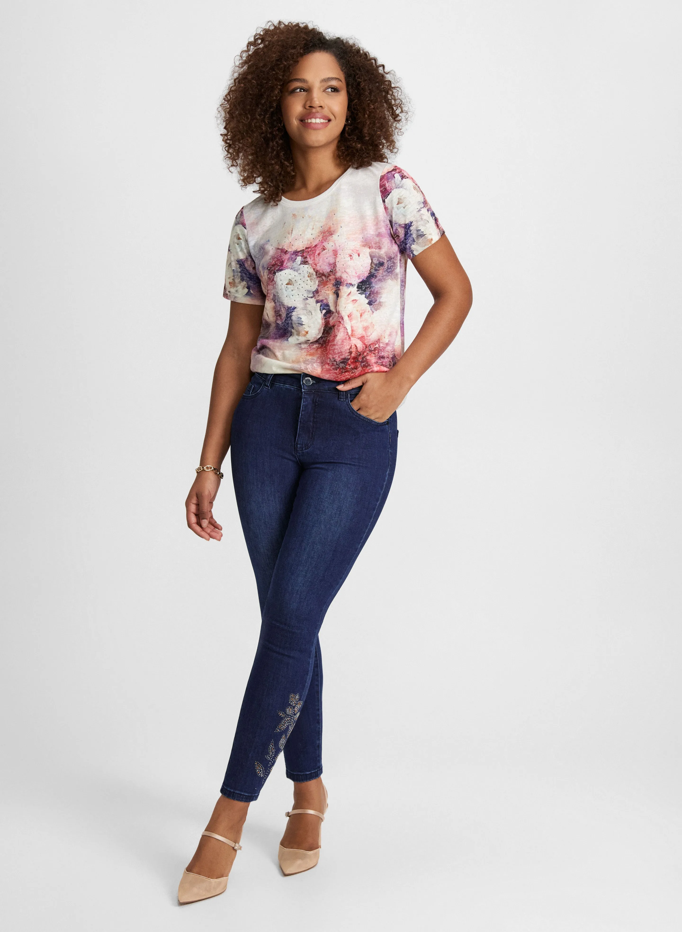 Floral Print Tee & Embellished Hem Jeans sold by Laura