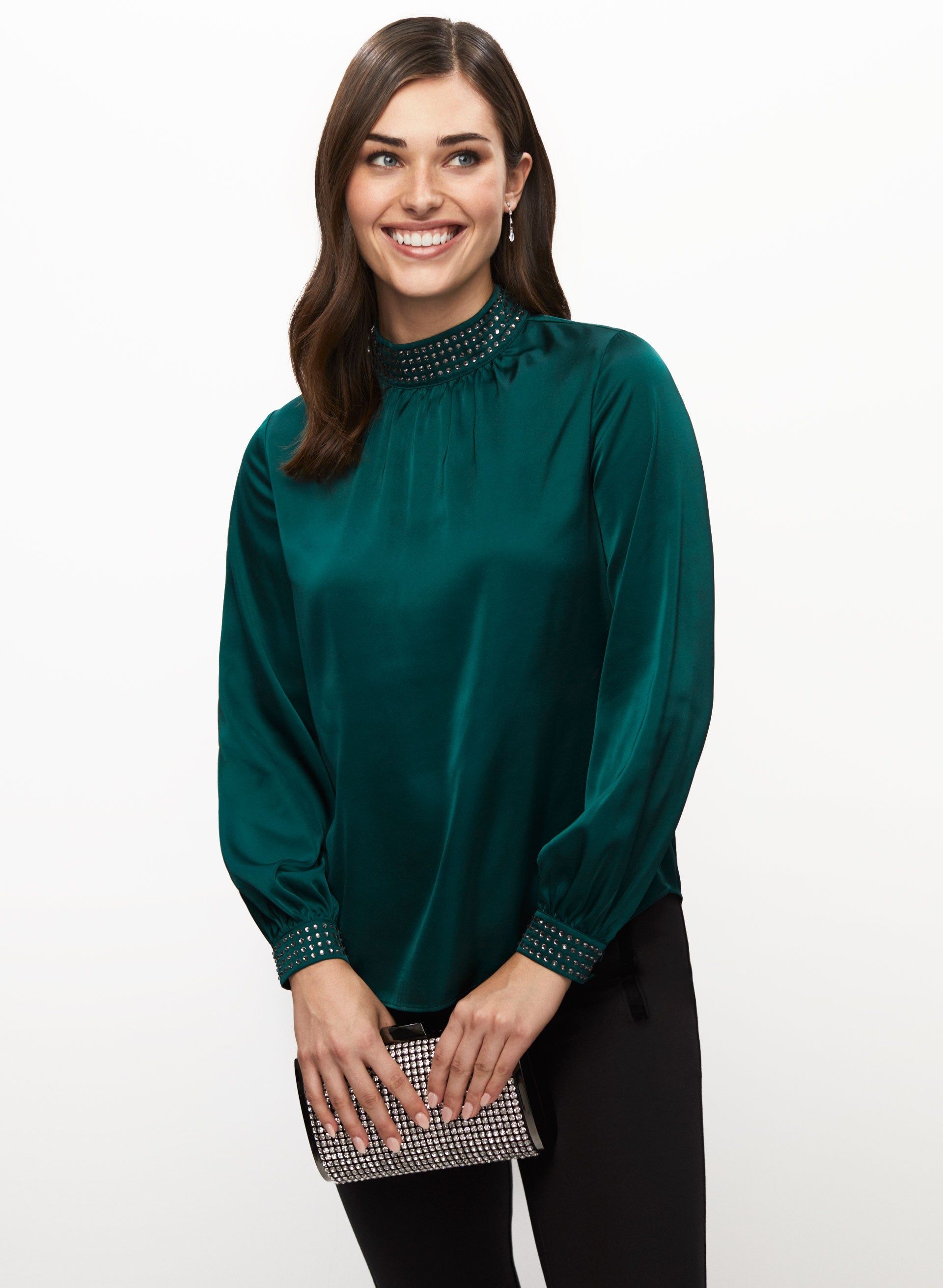 Satin Rhinestone Popover Top sold by Laura