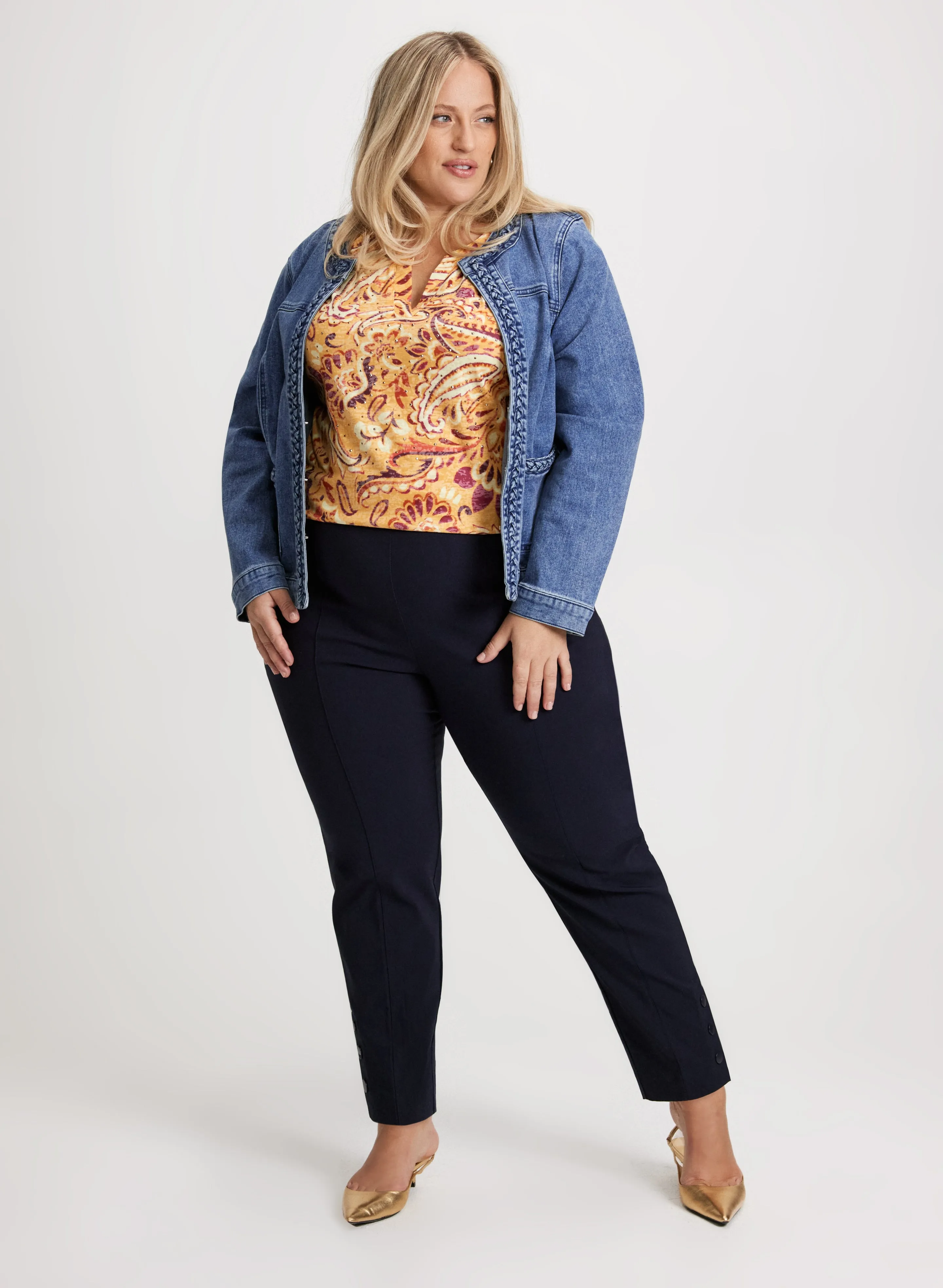 Braid Trim Denim Jacket & Slim Pull-On Ankle Pants sold by Laura