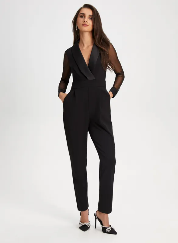 Mesh Sleeve Tuxedo Jumpsuit sold by Laura