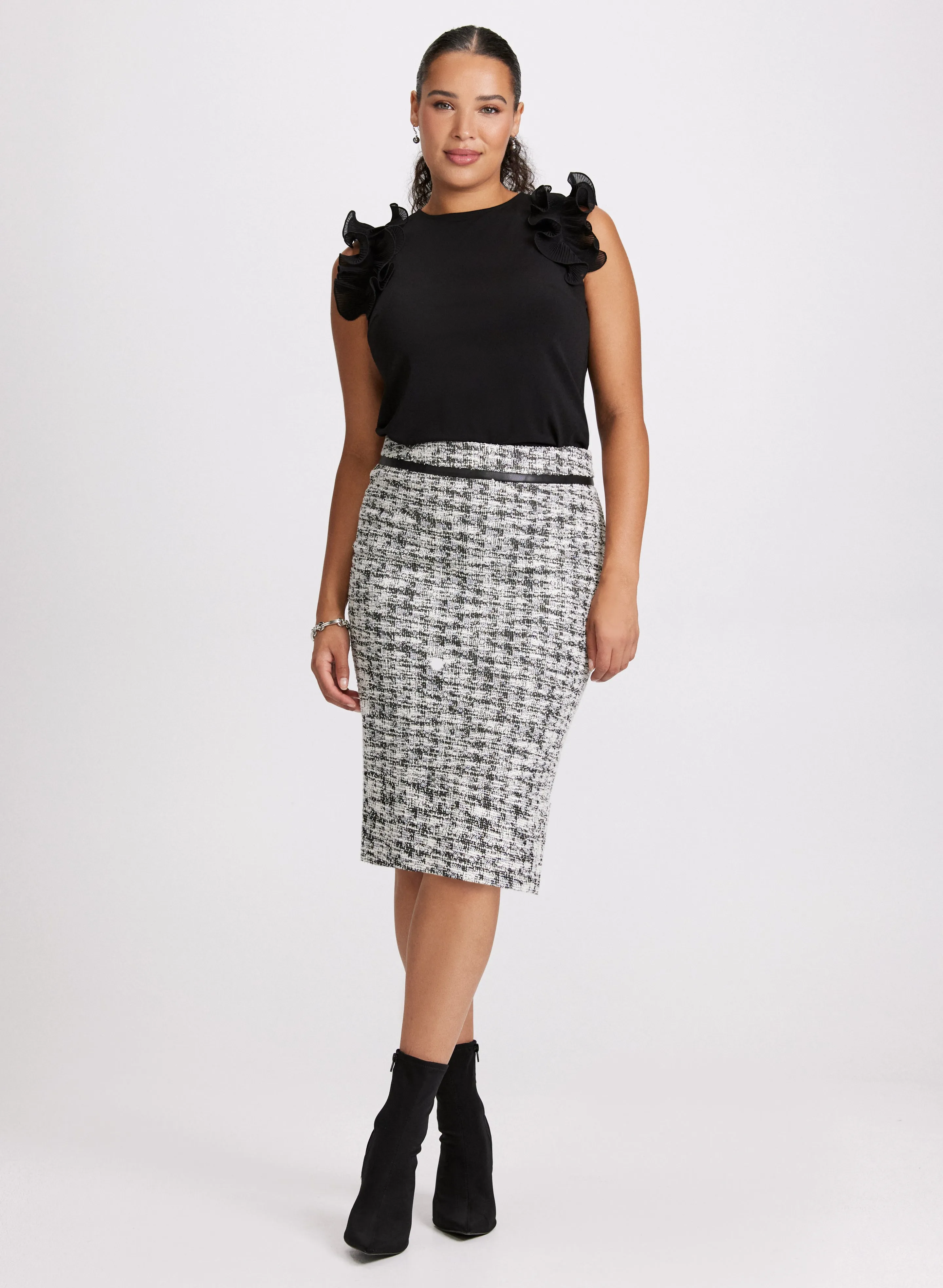 Sleeveless Ruffled Shoulder Top & Houndstooth Pencil Skirt sold by Laura