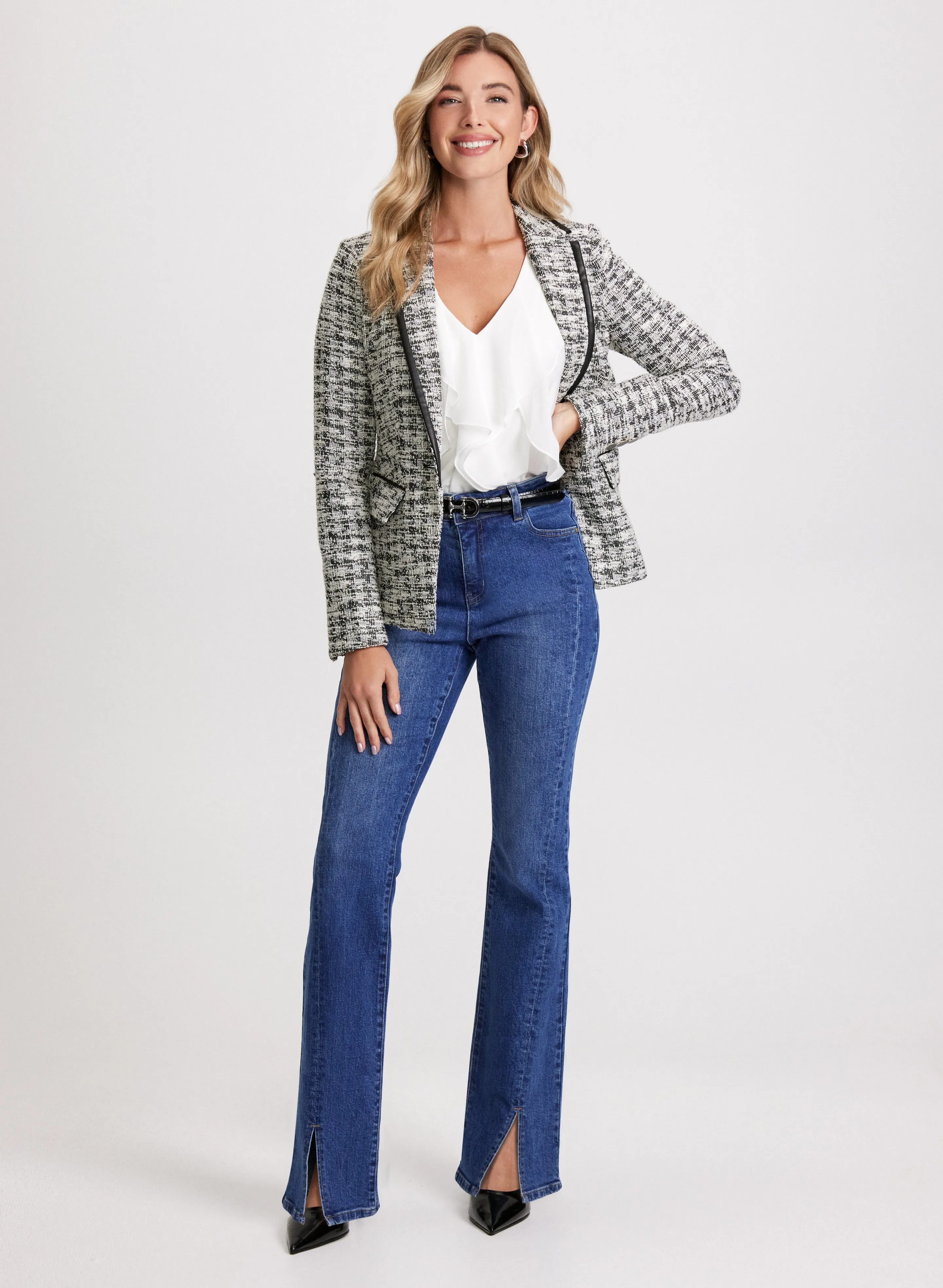 Houndstooth Print Blazer & Flared Slit Jeans sold by Laura