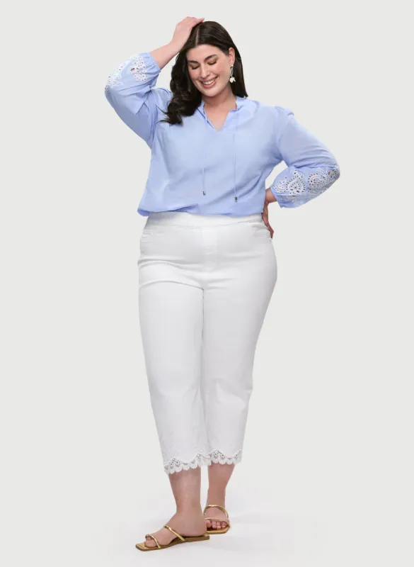 Embroidered Bouffant Sleeve Blouse & Lace-Hem Denim Capris sold by Laura