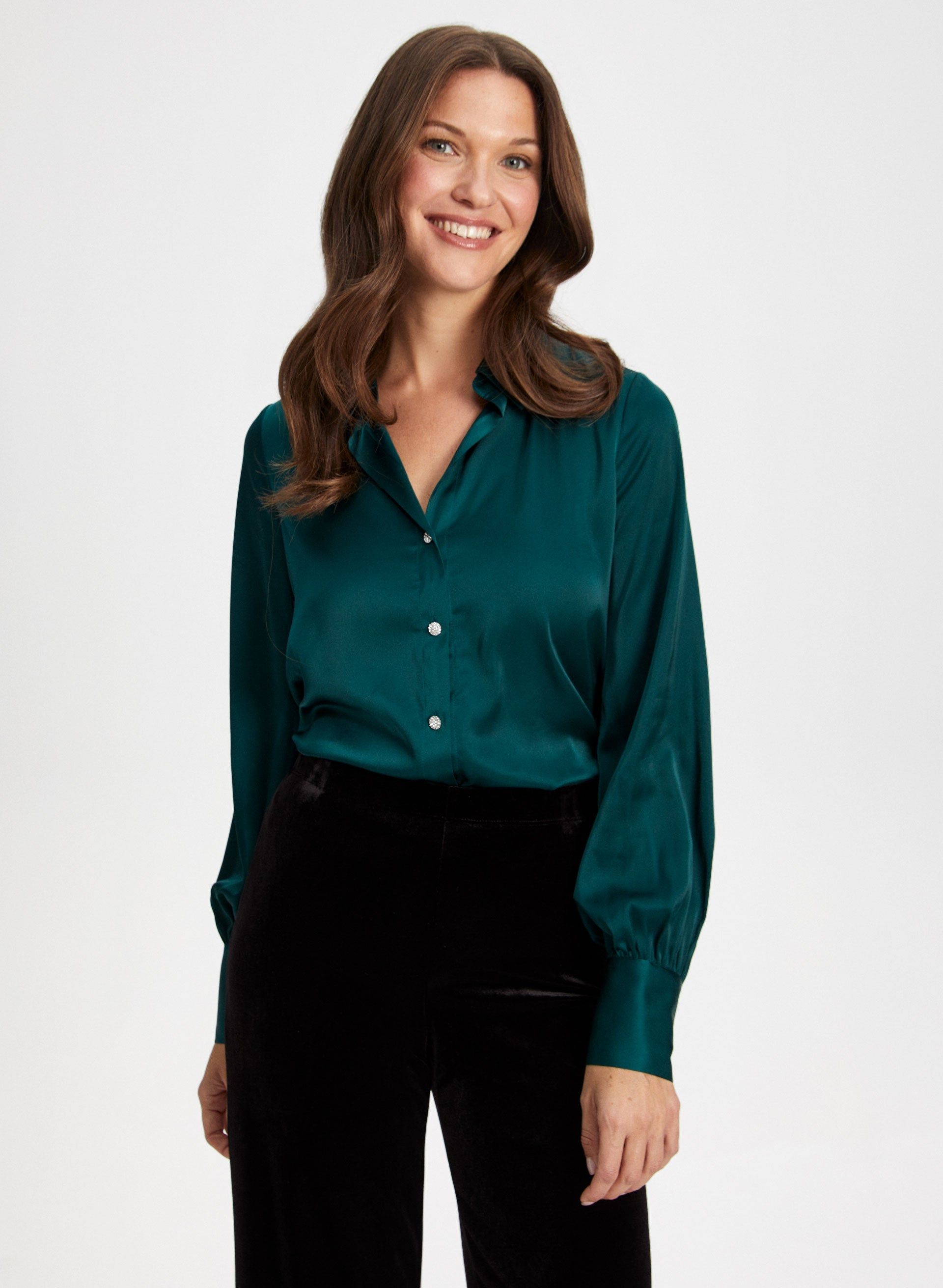 Satin Rhinestone Detail Blouse sold by Laura