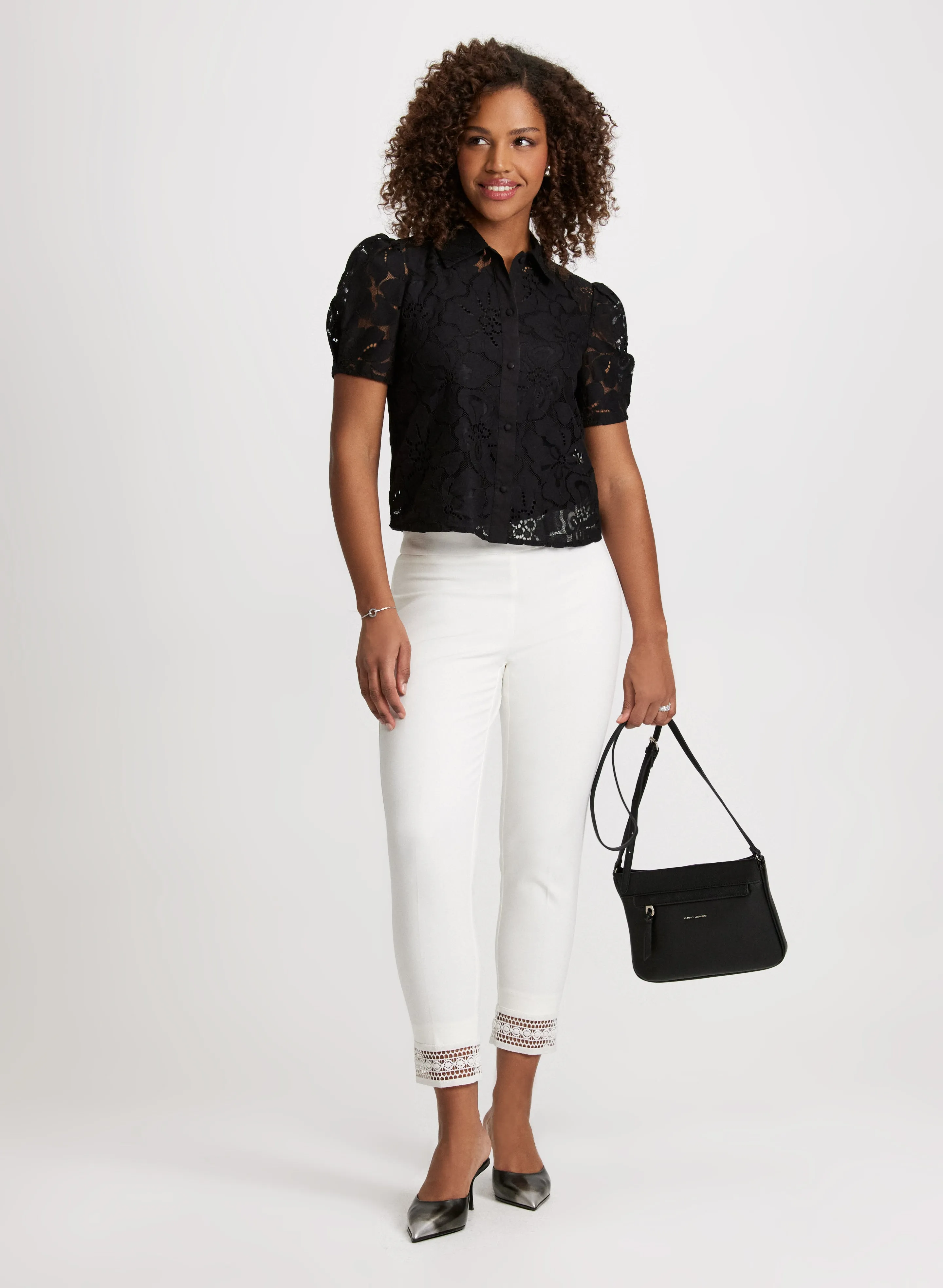 Puff Sleeve Lace Blouse & Lace Hem Pull-On Pants sold by Laura