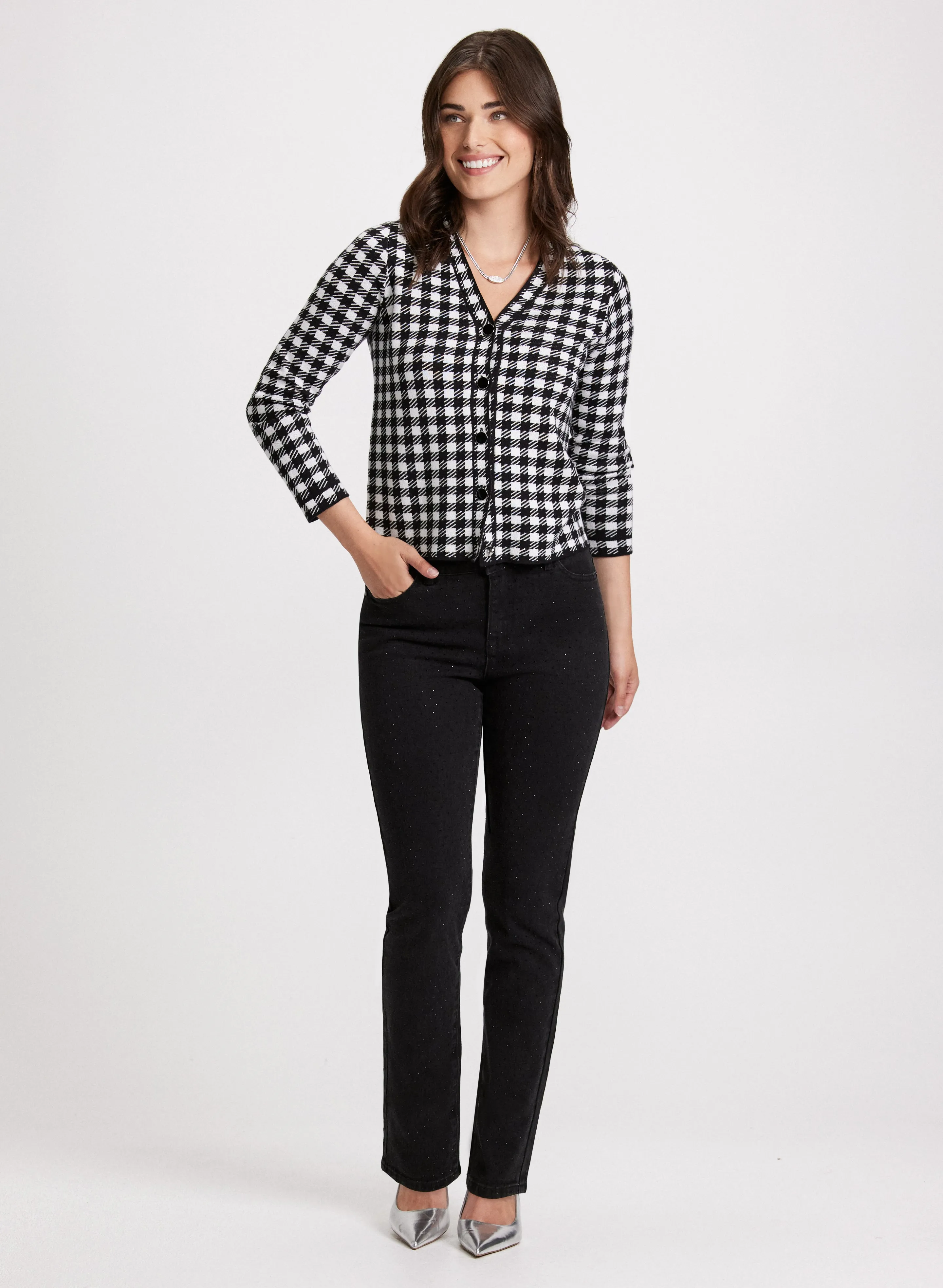 Houndstooth Print Cardigan & Straight Leg Jeans sold by Laura