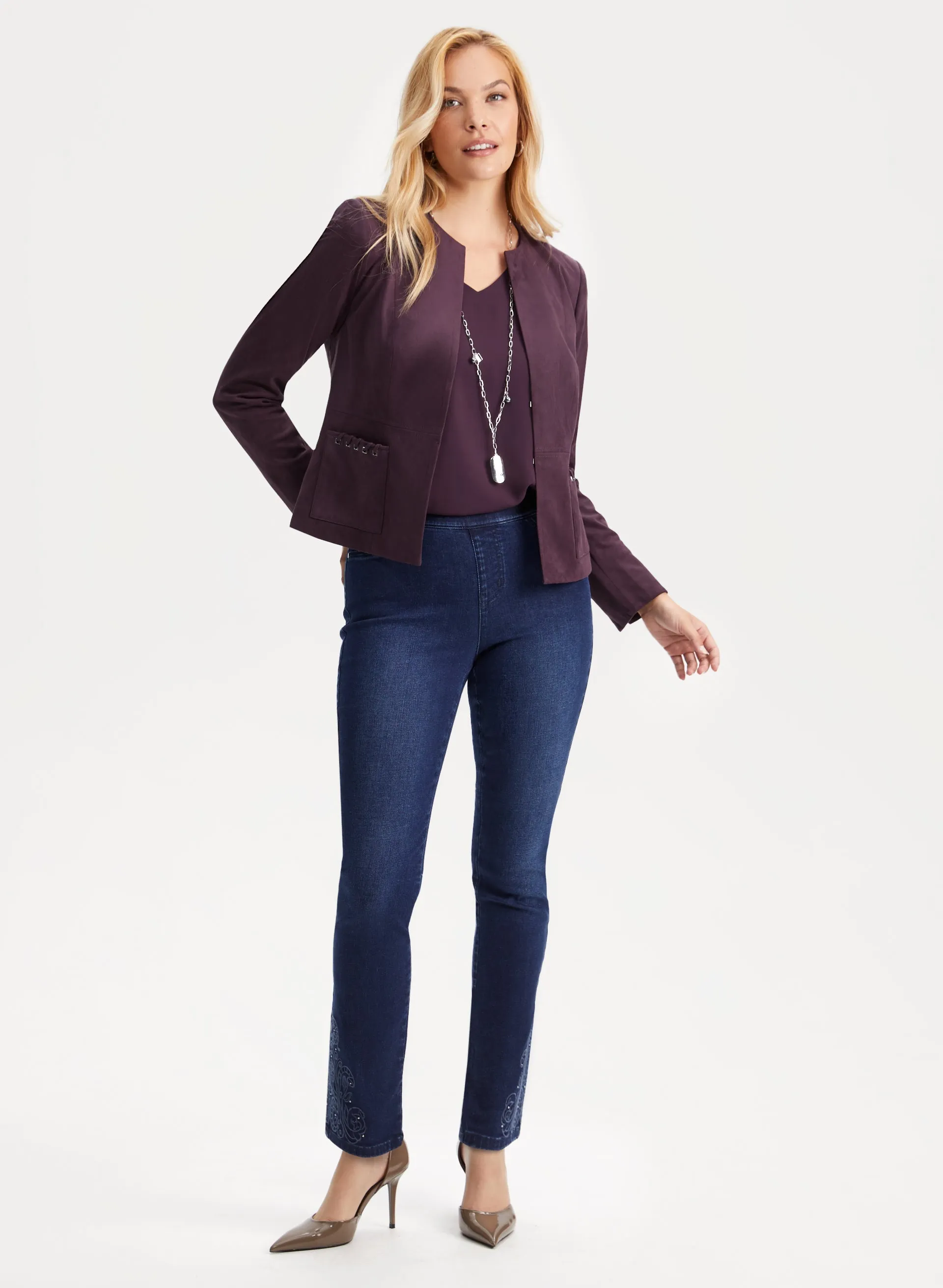 Faux Suede Jacket & Embroidered Jeans sold by Laura