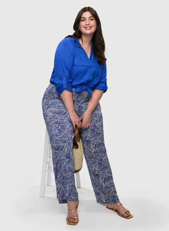 Rolled Sleeve Linen-Blend Blouse & Leaf Print Pull-On Pants sold by Laura