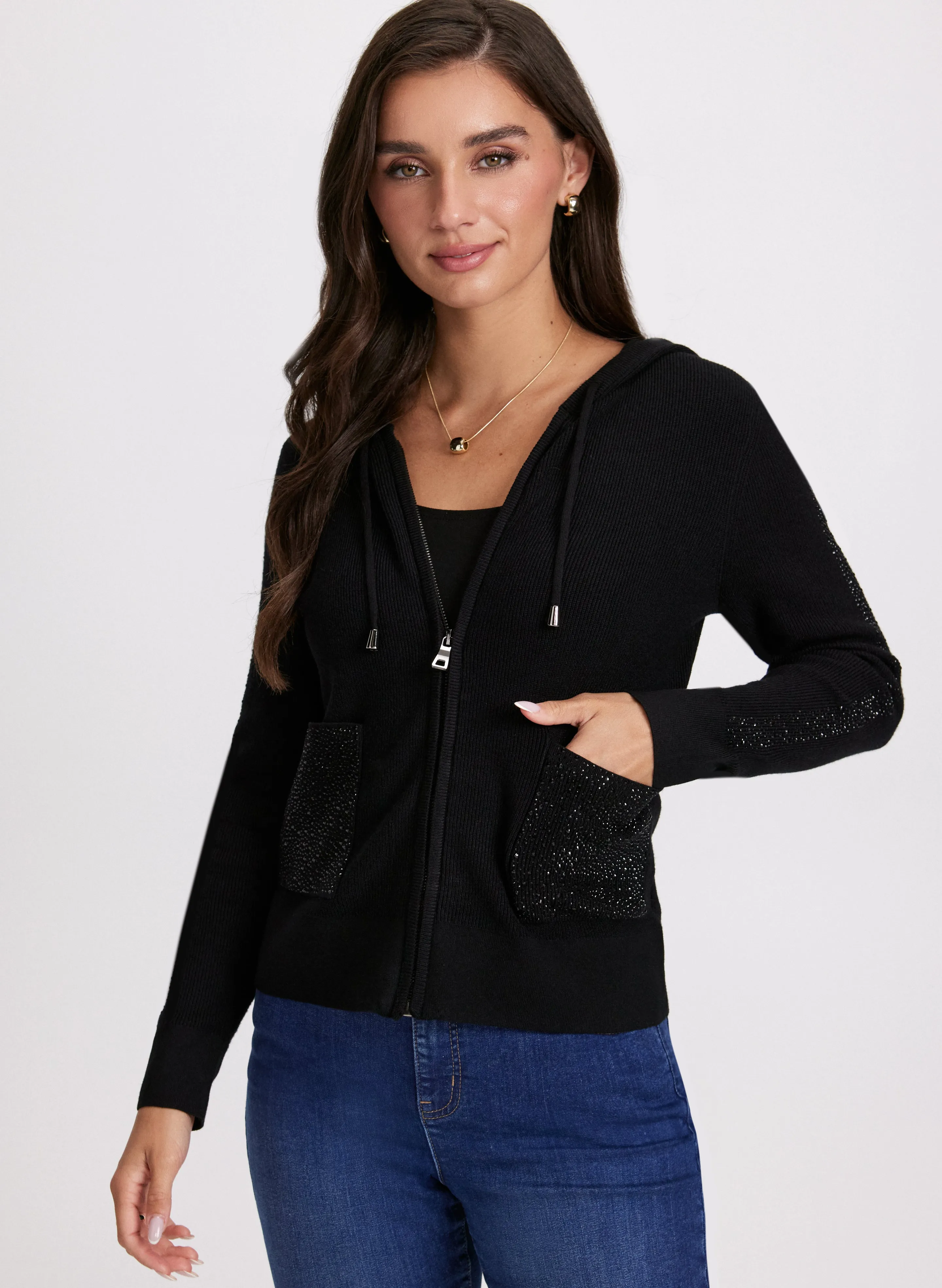 Rhinestone Embellished Zip-Up Hooded Sweater sold by Laura