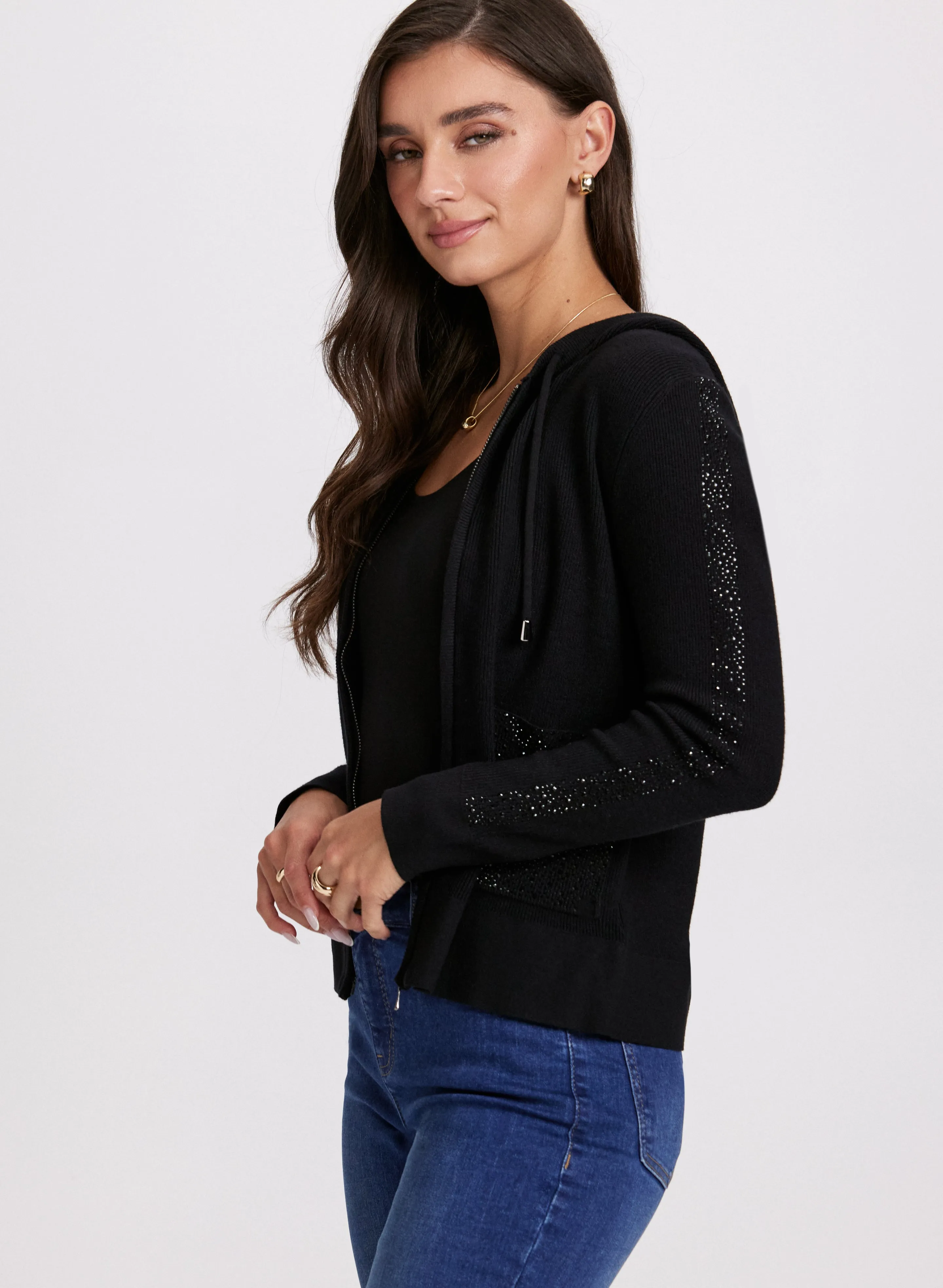 Rhinestone Embellished Zip-Up Hooded Sweater sold by Laura product image thumbnail 5