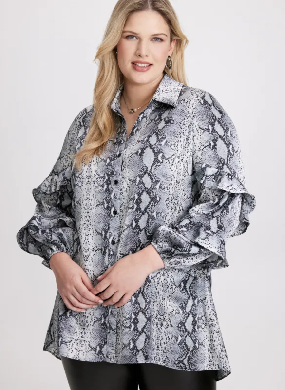 Snake Print Ruffle Sleeve Blouse sold by Laura
