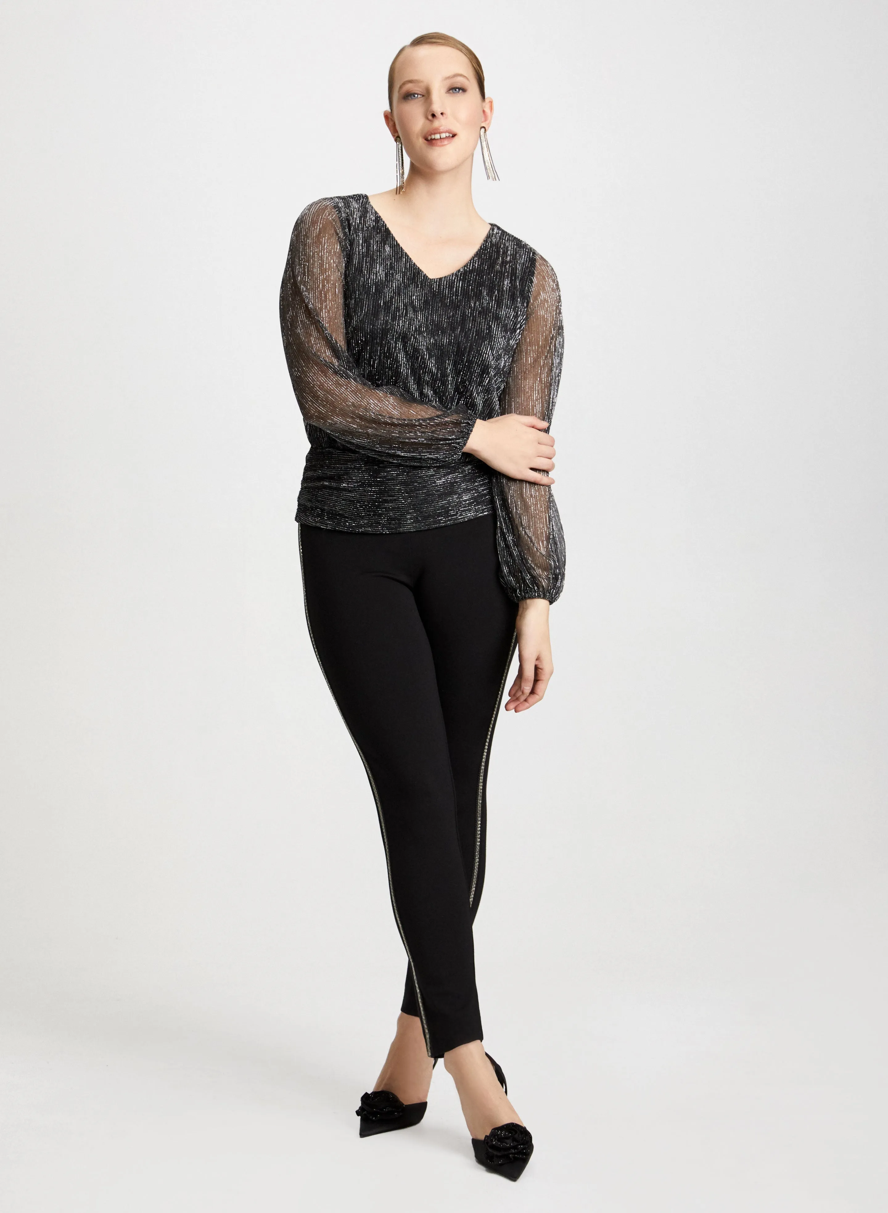 Striped Pants & Metallic Crinkle Top sold by Laura