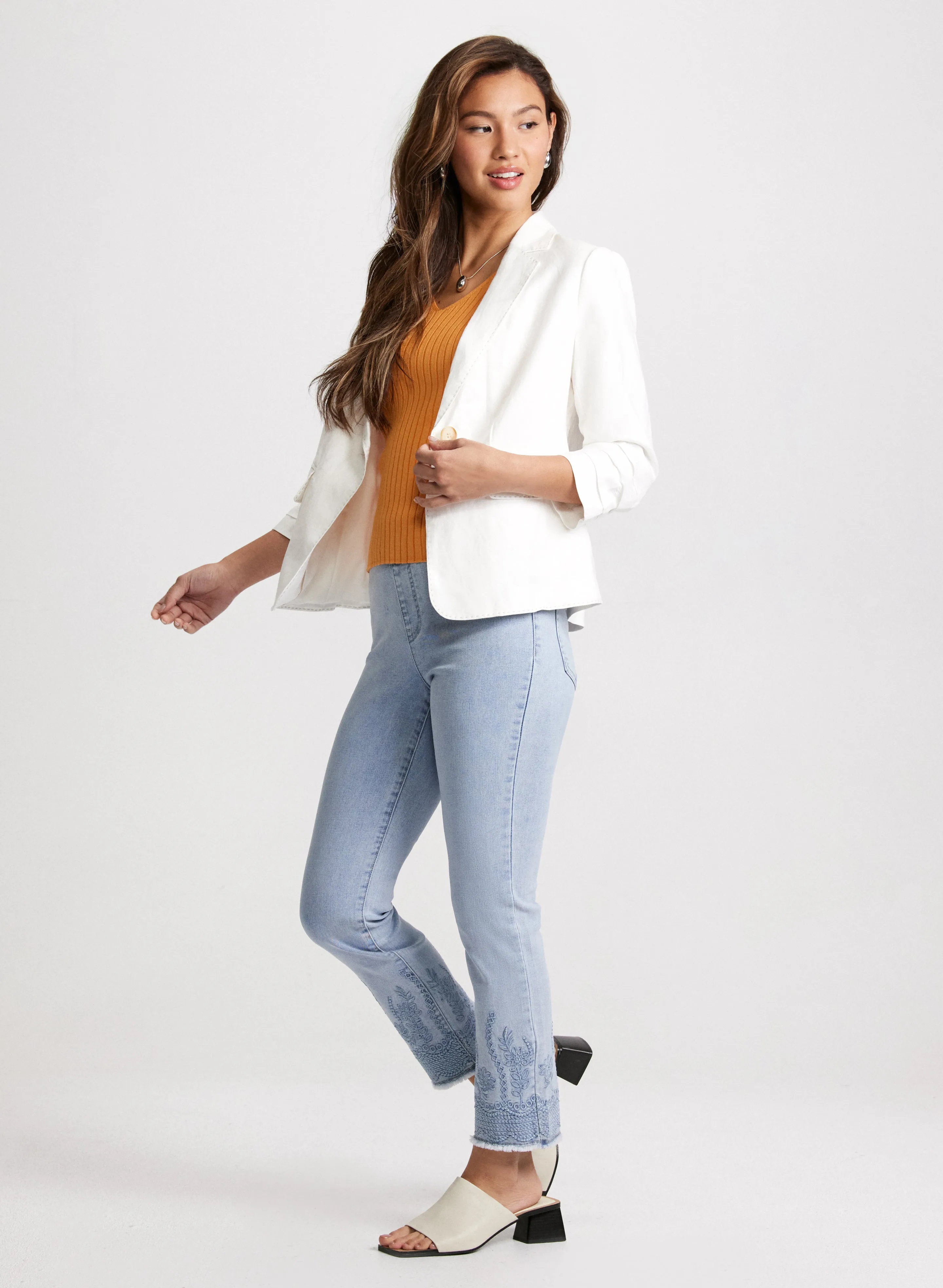 Linen Button Front Blazer & Embroidered Hem Jeans sold by Laura
