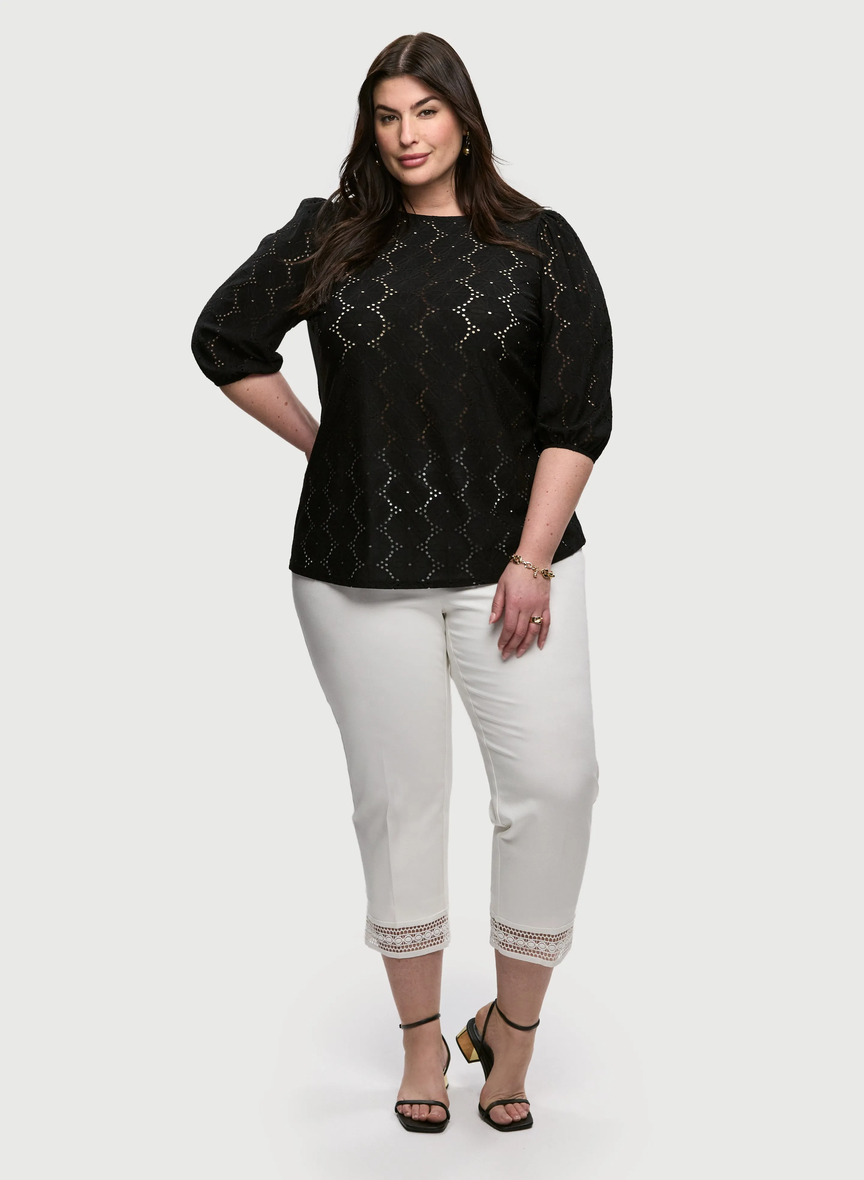 Boat Neck Eyelet Top & Lace Hem Ankle Pants sold by Laura