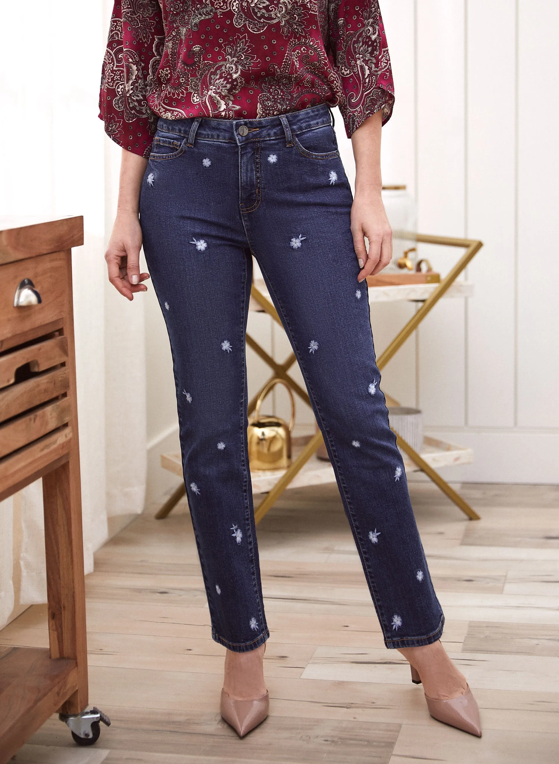 Floral Embroidery Straight Leg Jeans sold by Laura