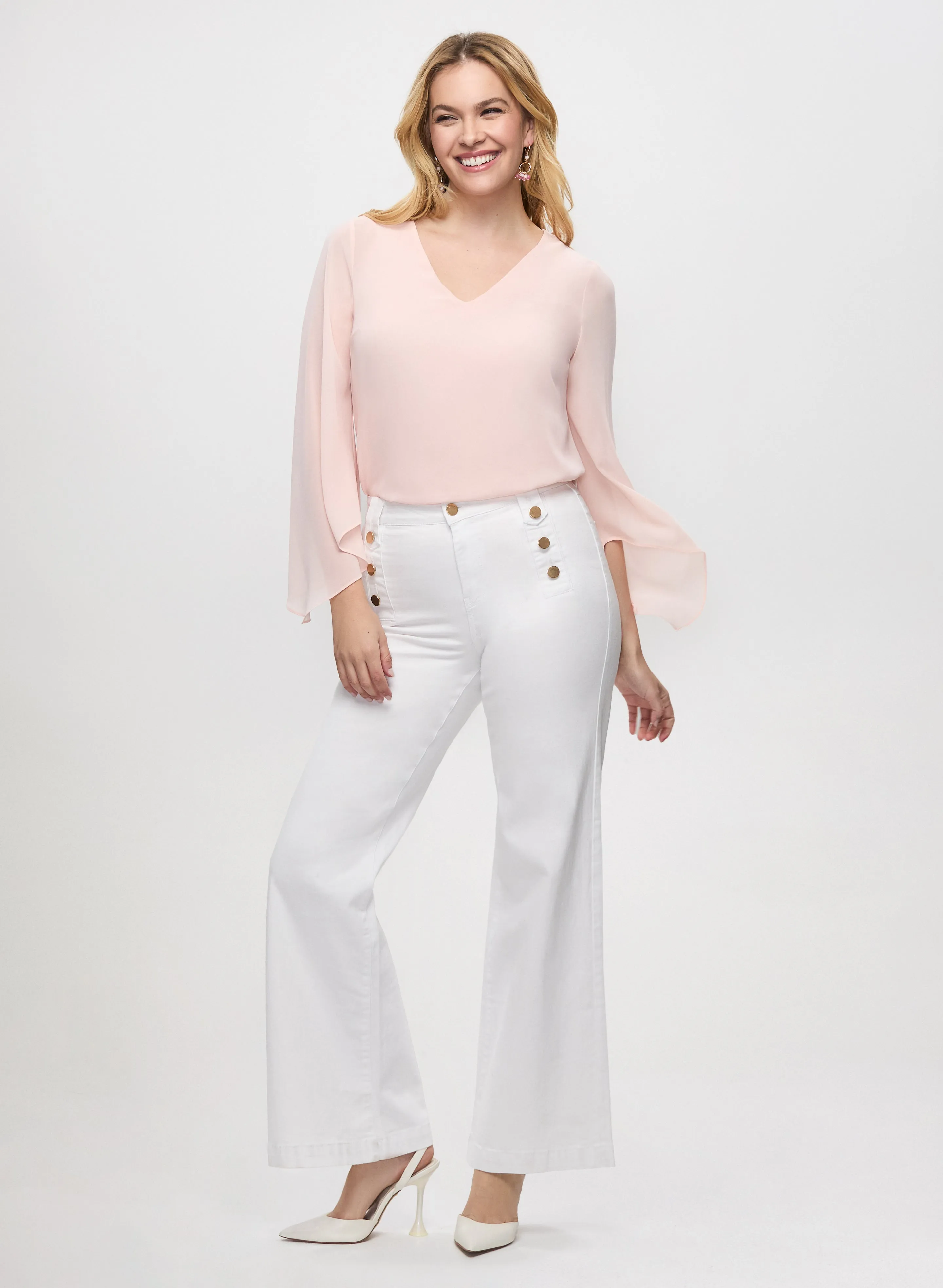 Flared Sleeve Chiffon Blouse & Button Detail Wide Leg Jeans sold by Laura