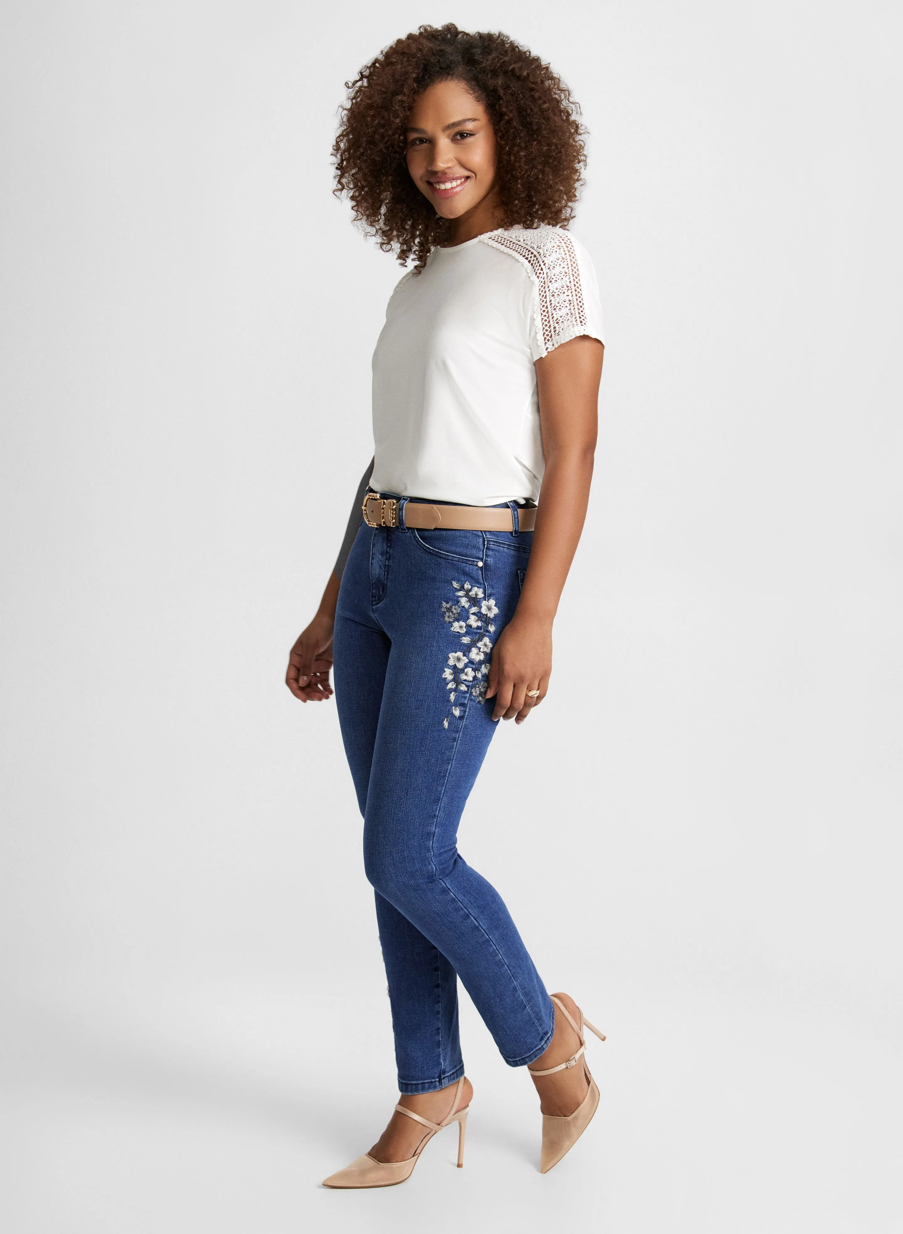 Crochet Insert T-Shirt & Embroidered Straight Leg Jeans sold by Laura