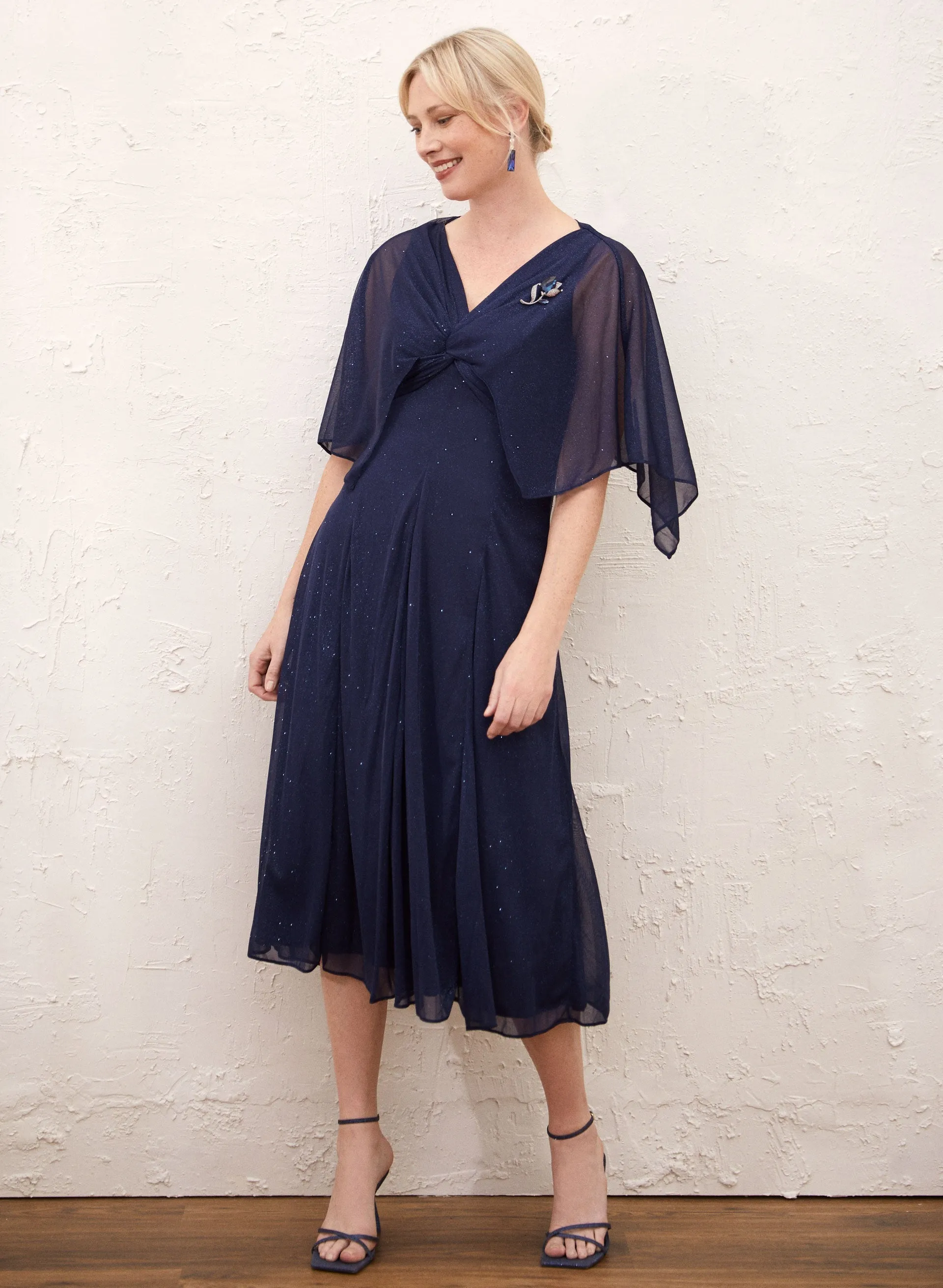 Glitter Mesh Capelet Dress sold by Laura