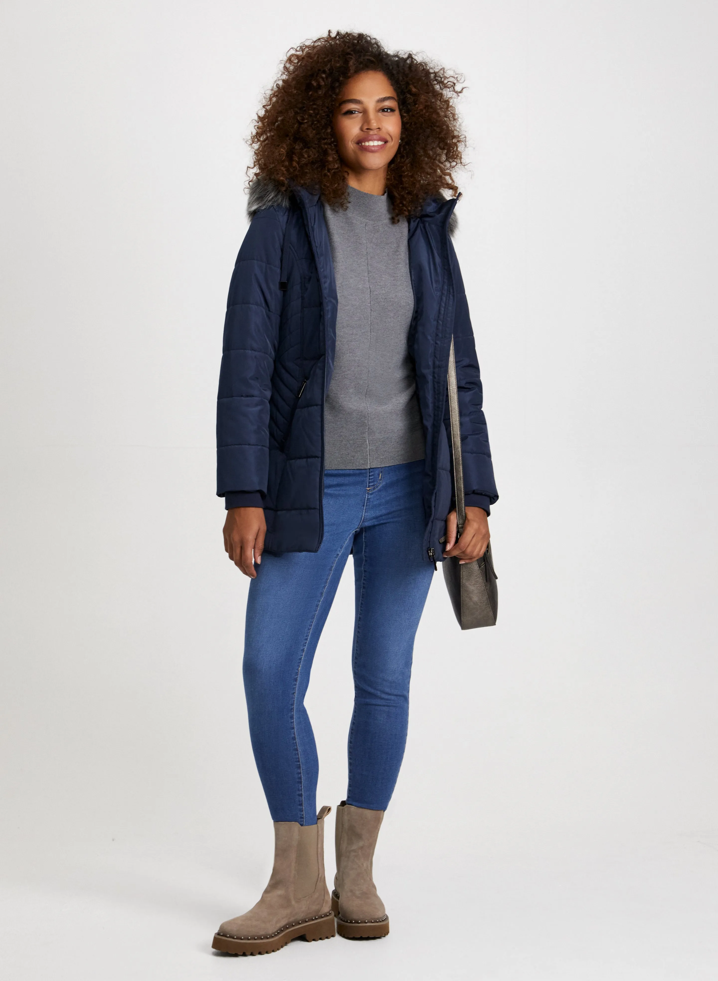 Quilted Coat With Contrast Stripe Sweater & Pull-On Jeans sold by Laura