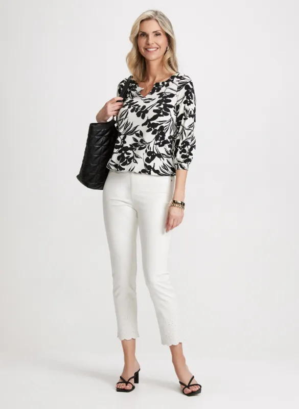 Floral Bouffant Sleeve Top & Embroidered Pull-On Jeans sold by Laura