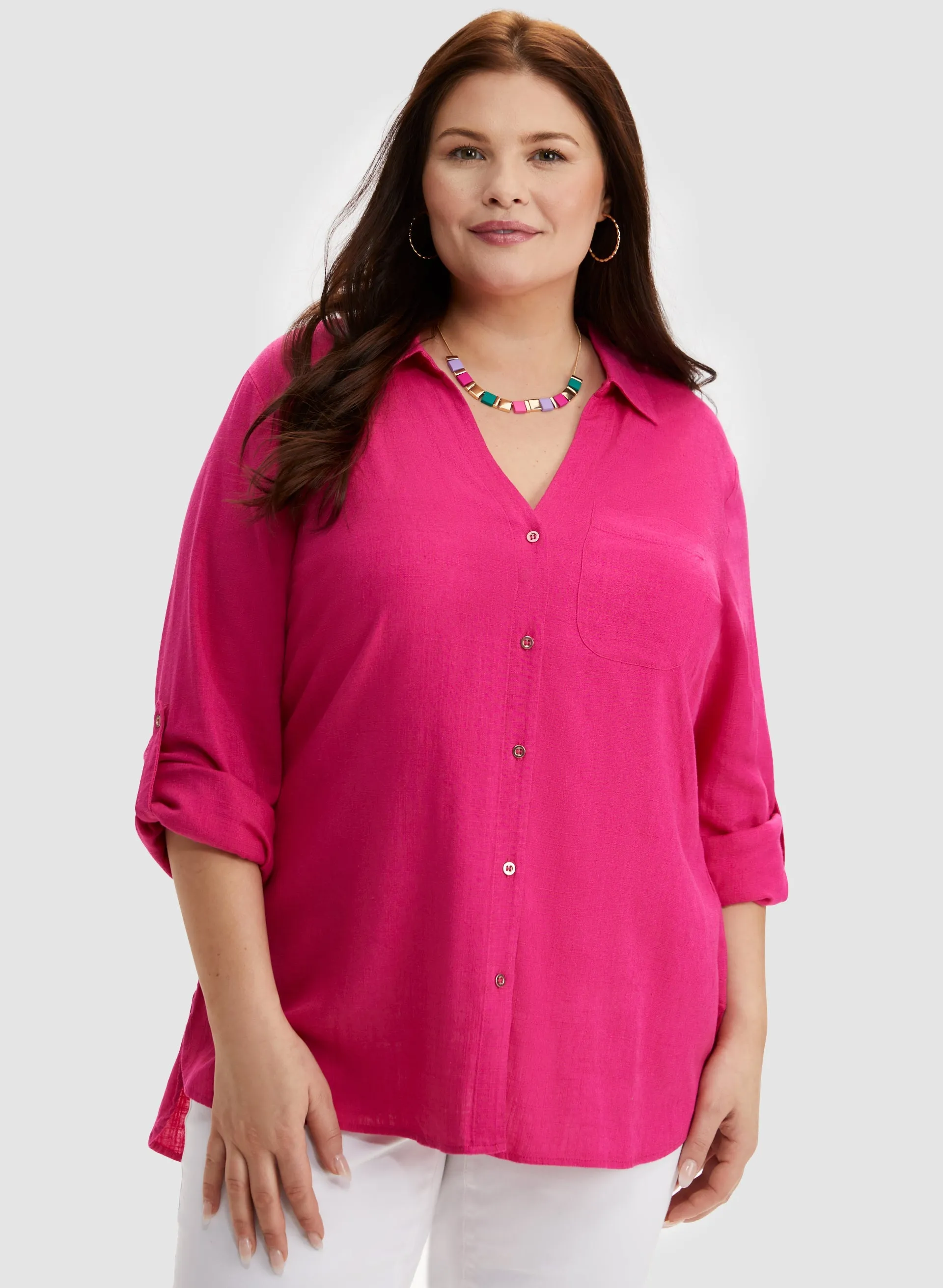 Roll-Up Sleeve Linen-Blend Blouse sold by Laura