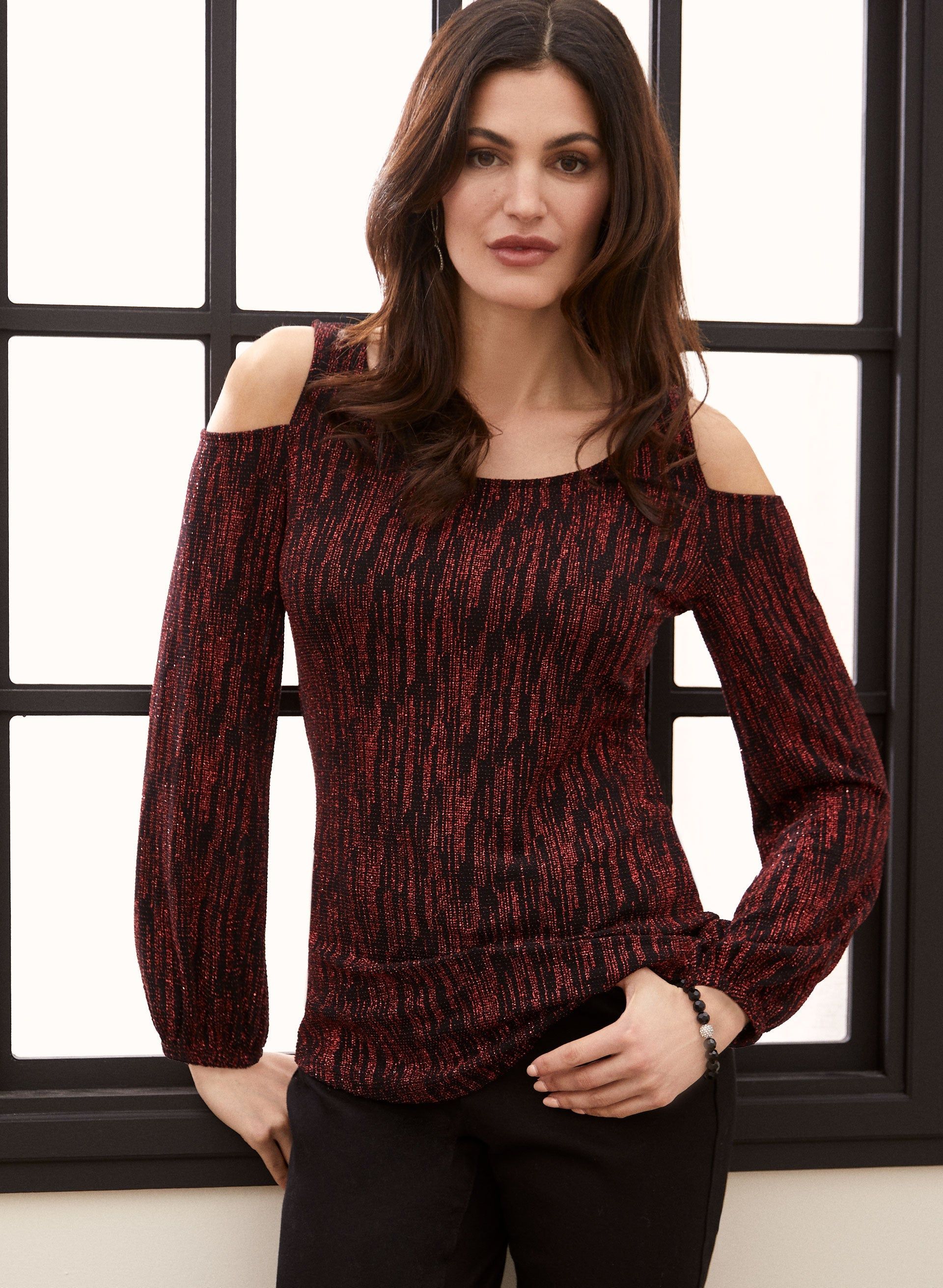 Glitter Knit Cold Shoulder Top sold by Laura