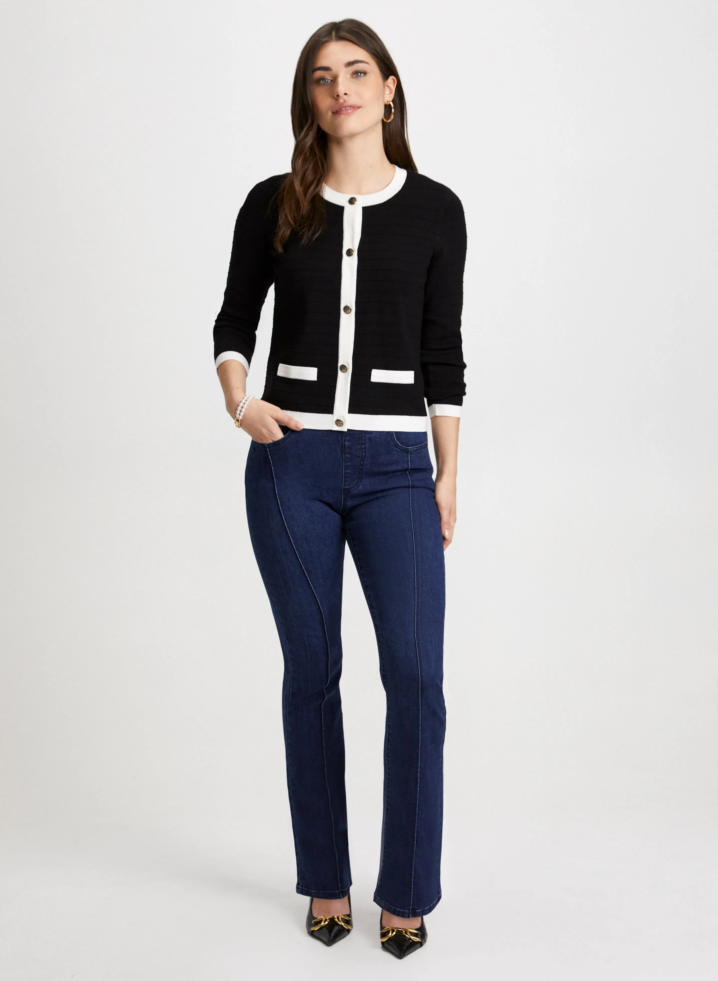 Contrast Trim Cardigan & Bootcut Jeans sold by Laura