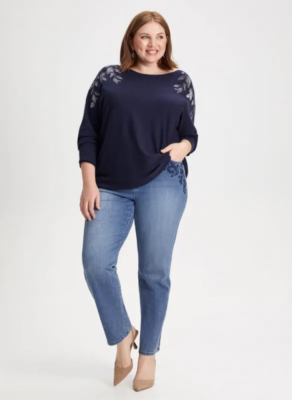 Rhinestone Leaf Sweater & Embroidered Jeans sold by Laura