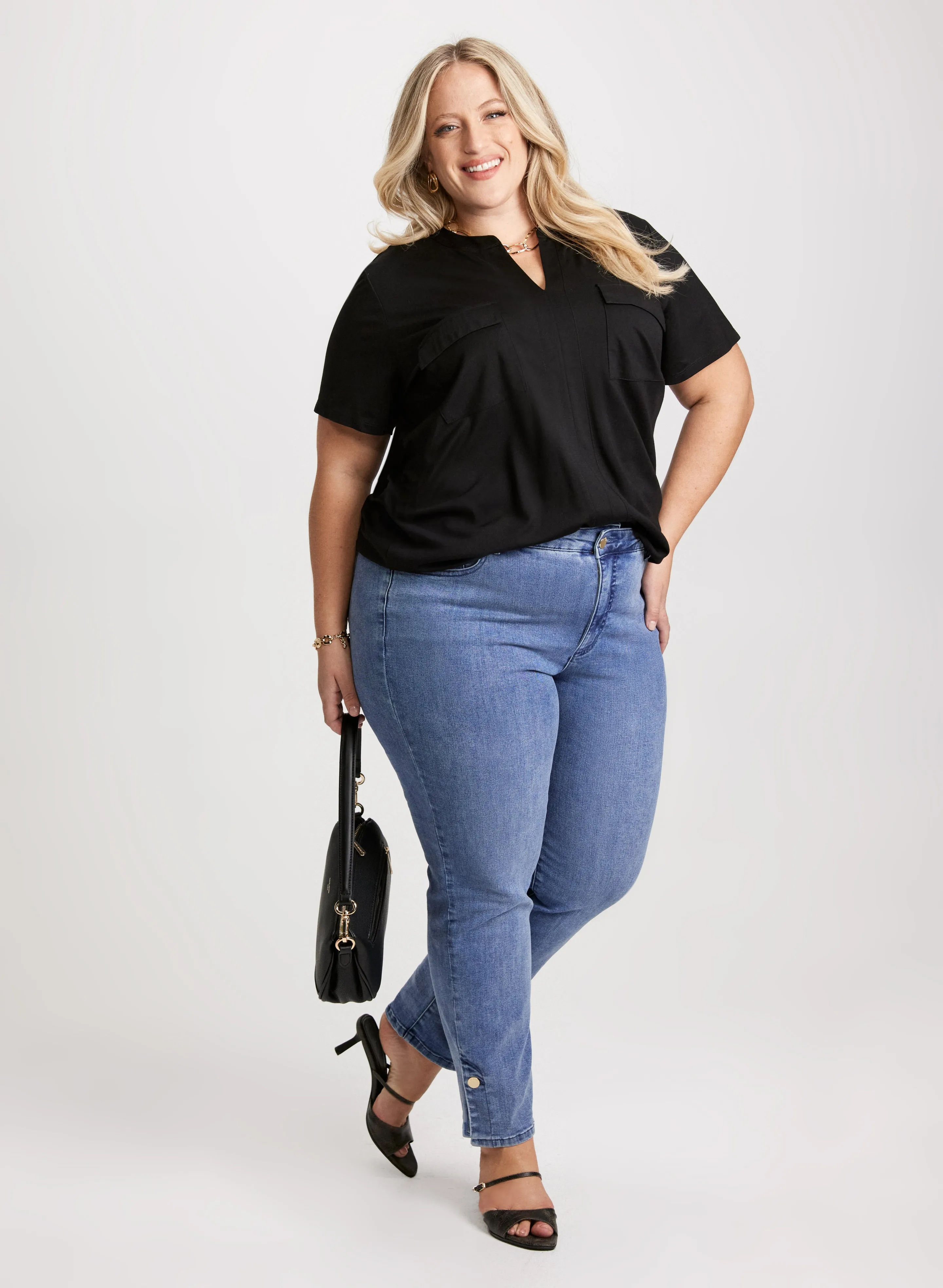 Split V-Neck Tee & Slit Hem Straight Leg Jeans sold by Laura