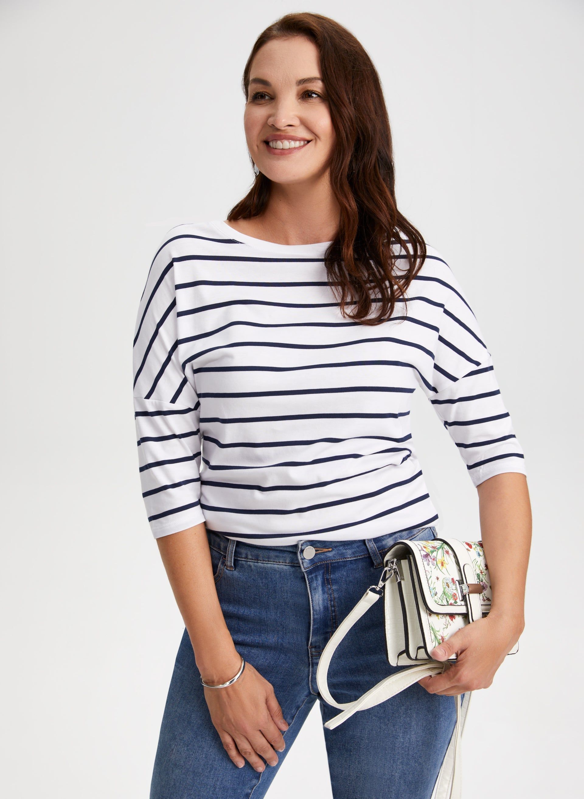 Stripe Print 3/4 Sleeve Tee sold by Laura