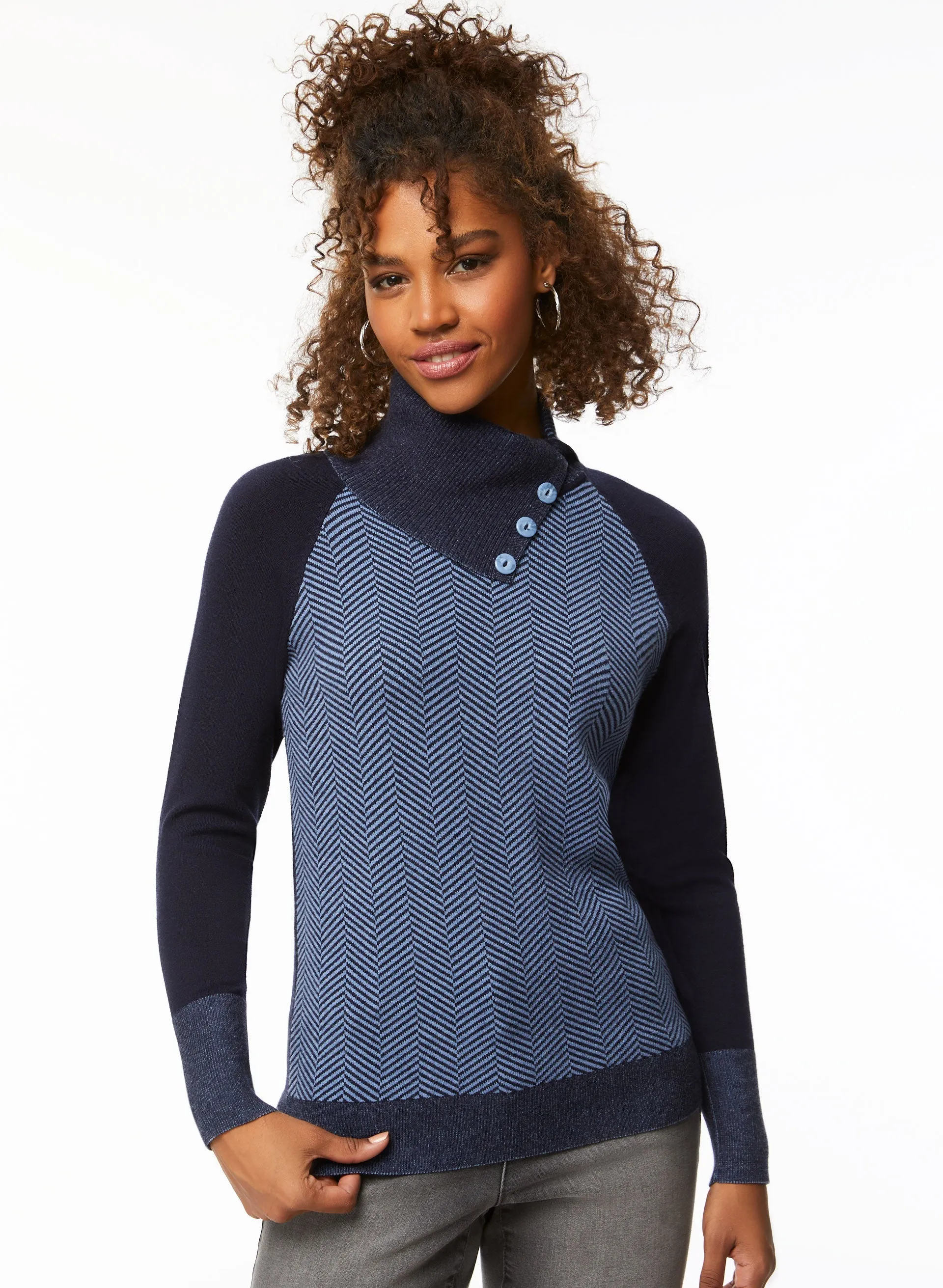 Herringbone Motif Split Collar Sweater sold by Laura