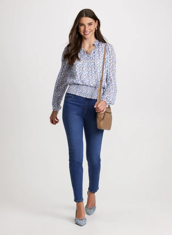 Satin Floral Print Blouse & Pull-On Slim Leg Jeans sold by Laura