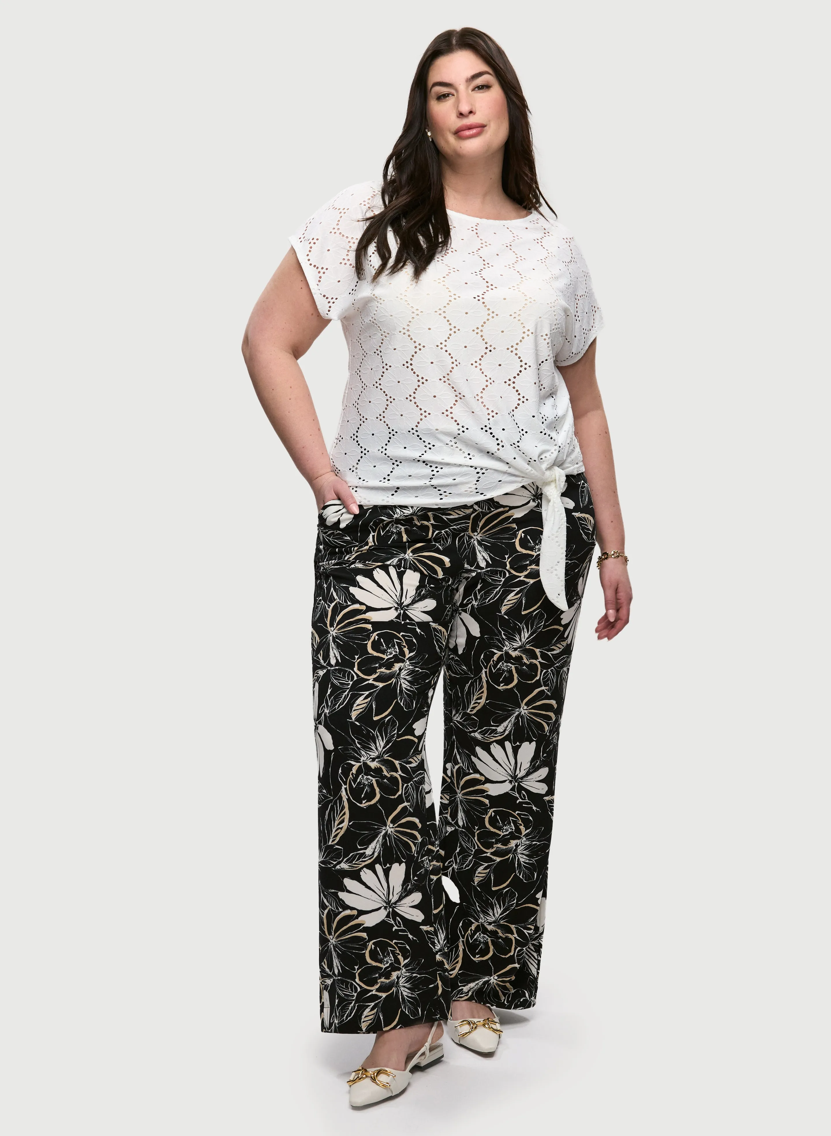 Tie-Front Eyelet Top & Crepe Floral Pants sold by Laura