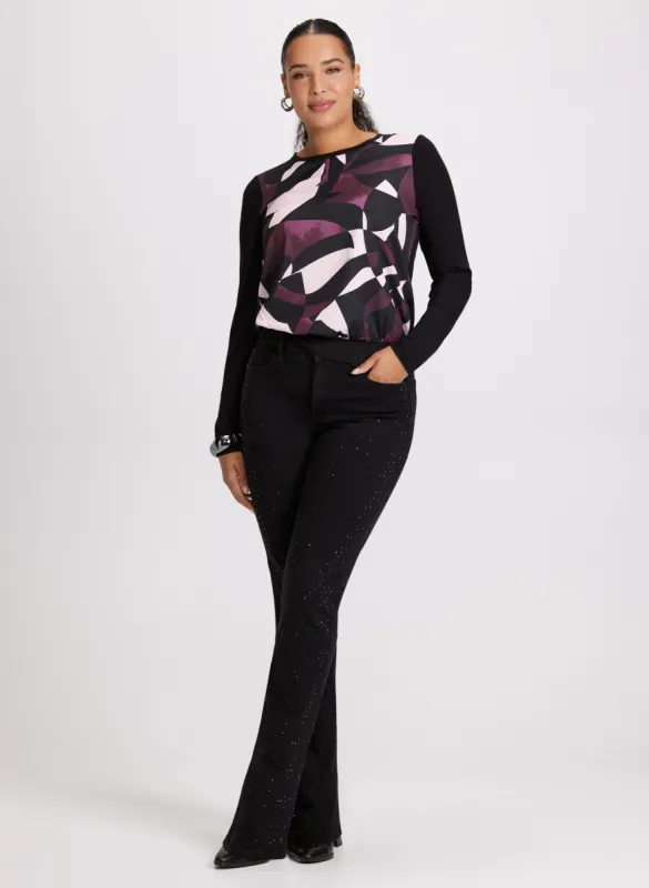 Geometric Print Top & Rhinestone Trim Jeans sold by Laura