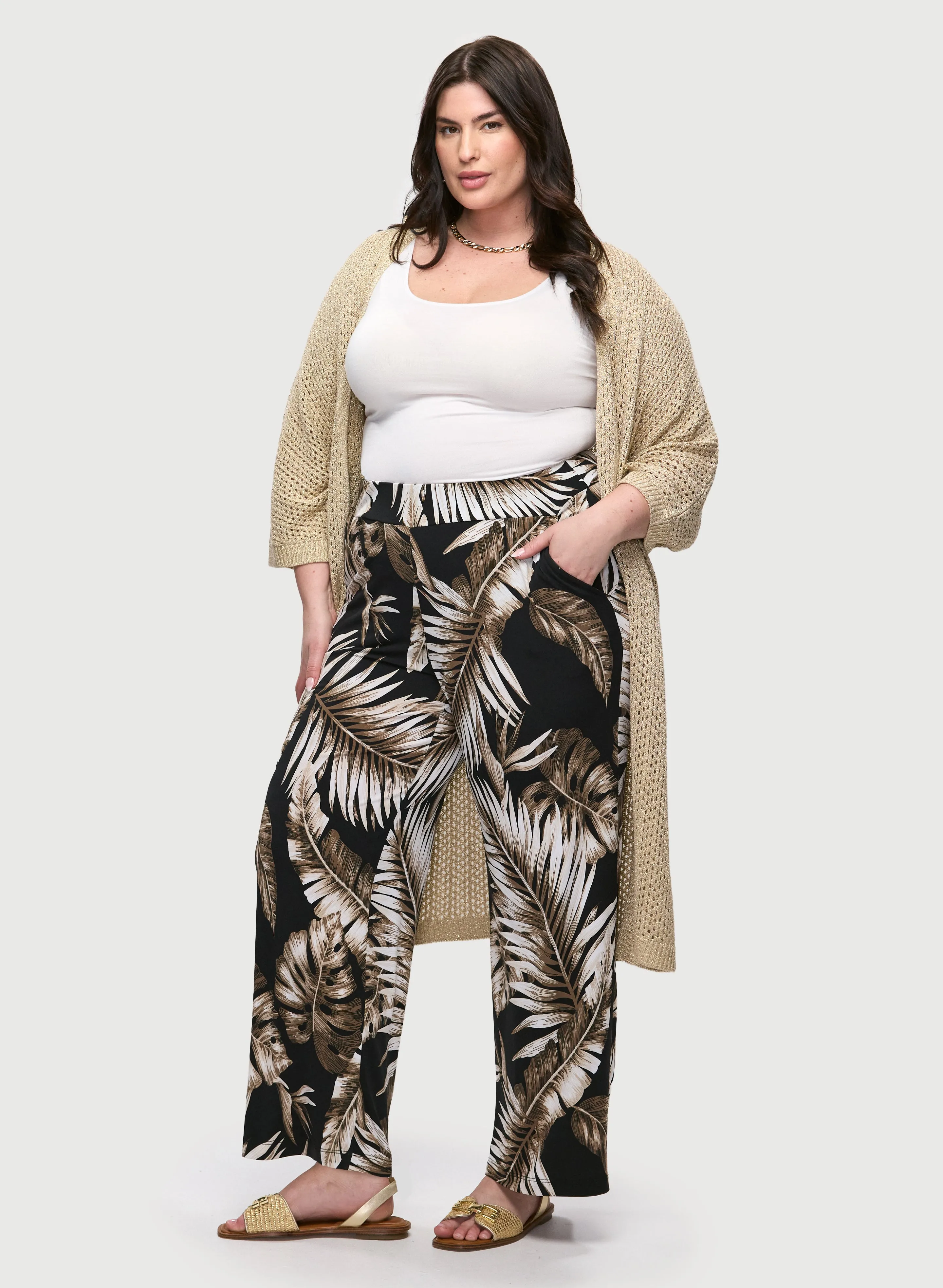 Palm Print Wide Leg Pants & Open Stitch Tunic Cardigan sold by Laura
