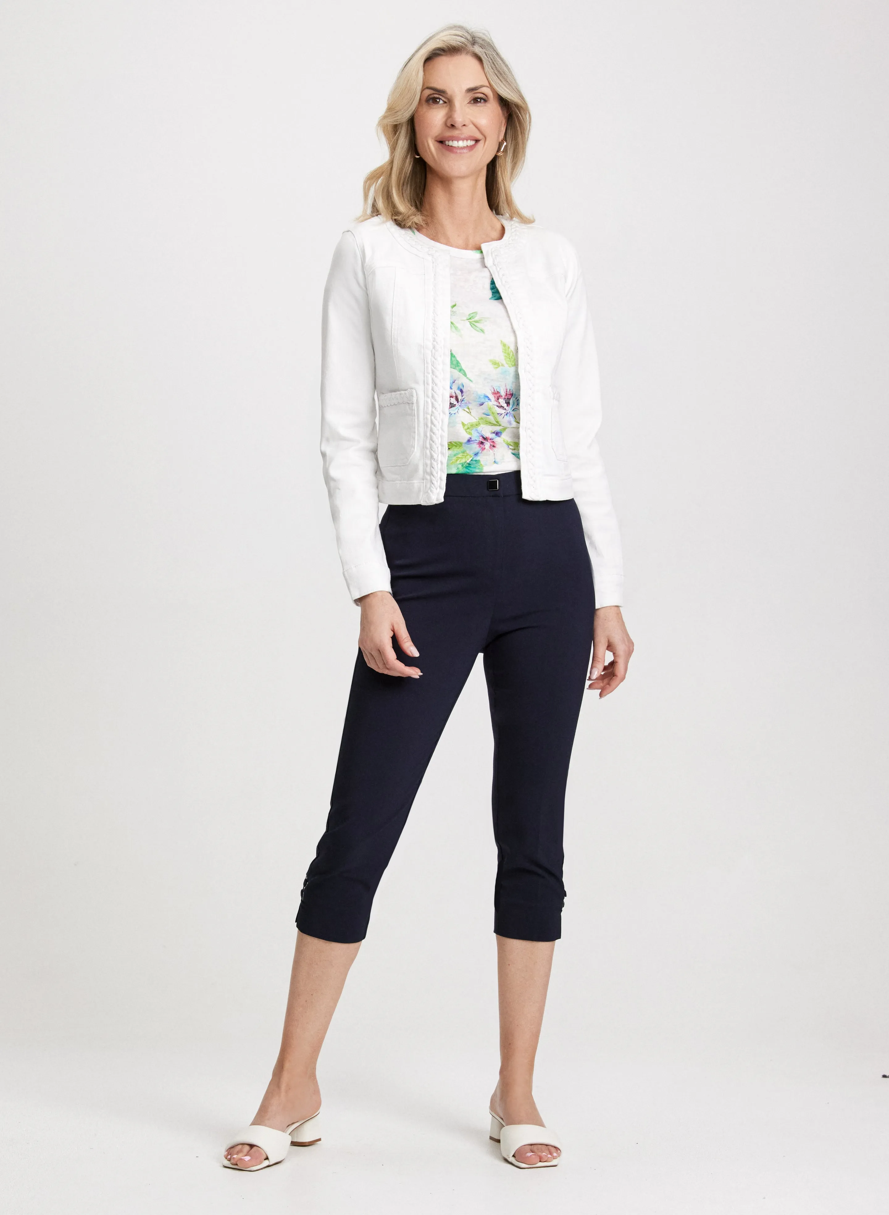 Braided Trim Denim Jacket & Signature Fit Capris sold by Laura