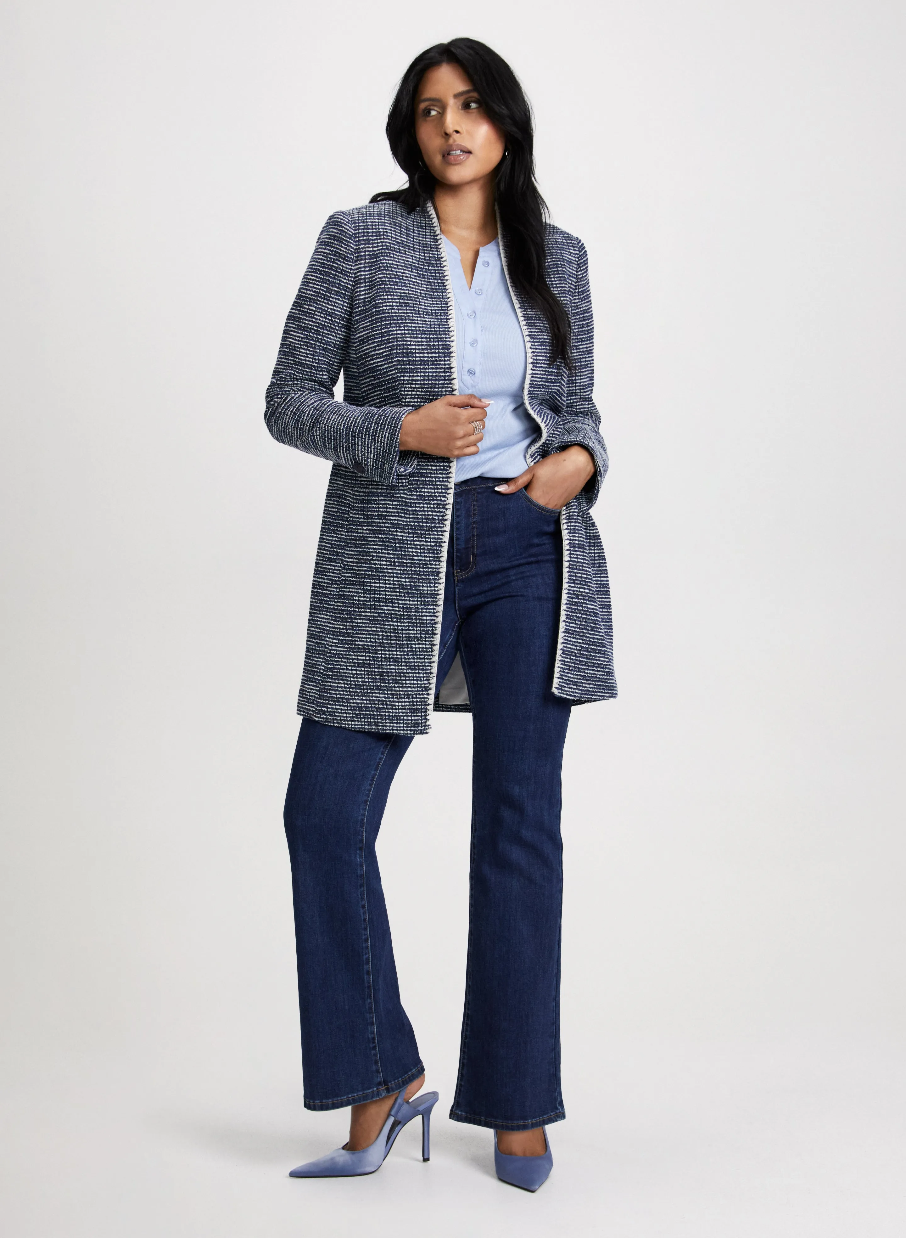 Long Contrasting Trim Bouclé Jacket & Bootcut Jeans sold by Laura