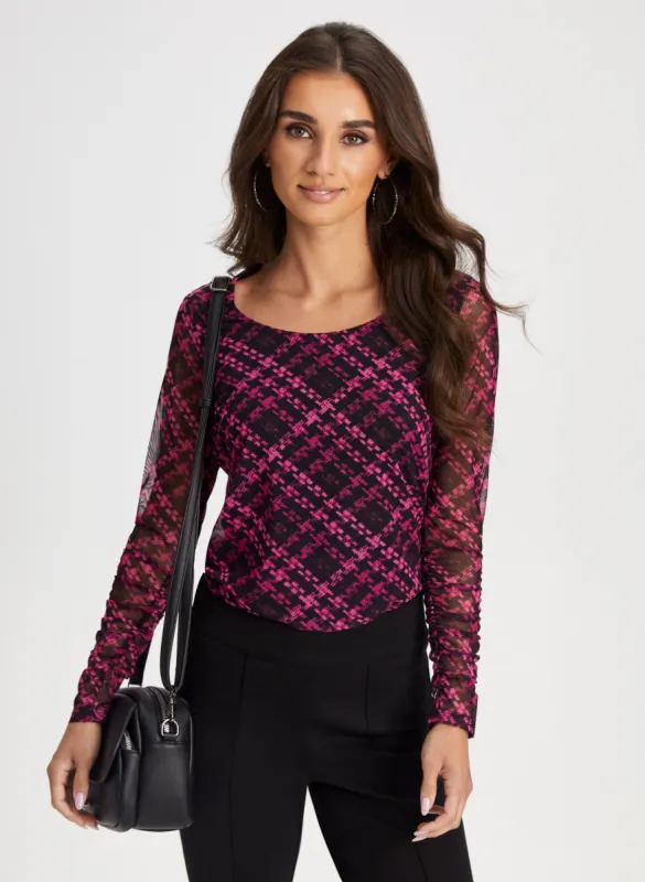 Long Sleeve Plaid Print Top sold by Laura