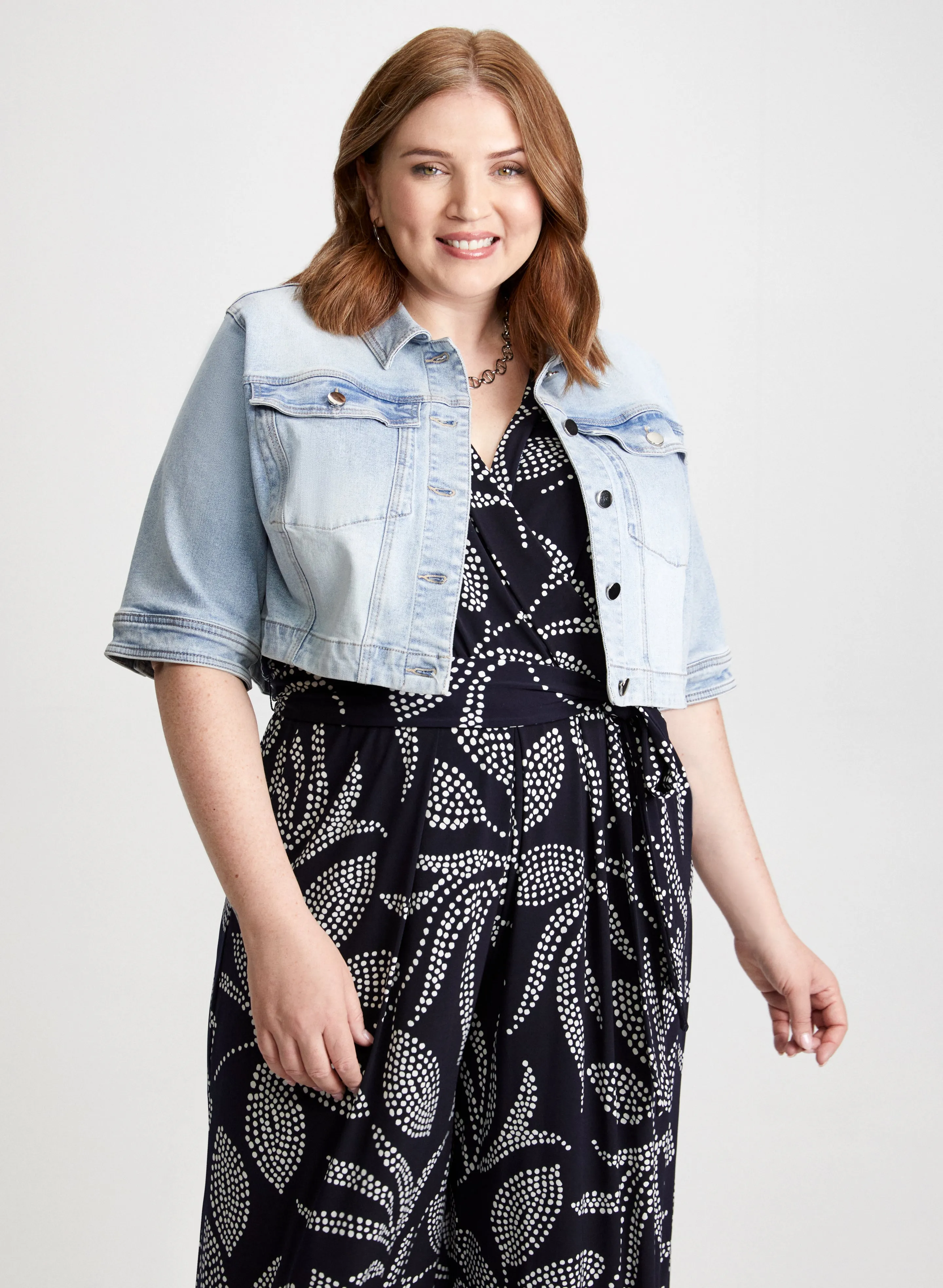 Cropped Denim Jacket & Leaf Print Jumpsuit sold by Laura