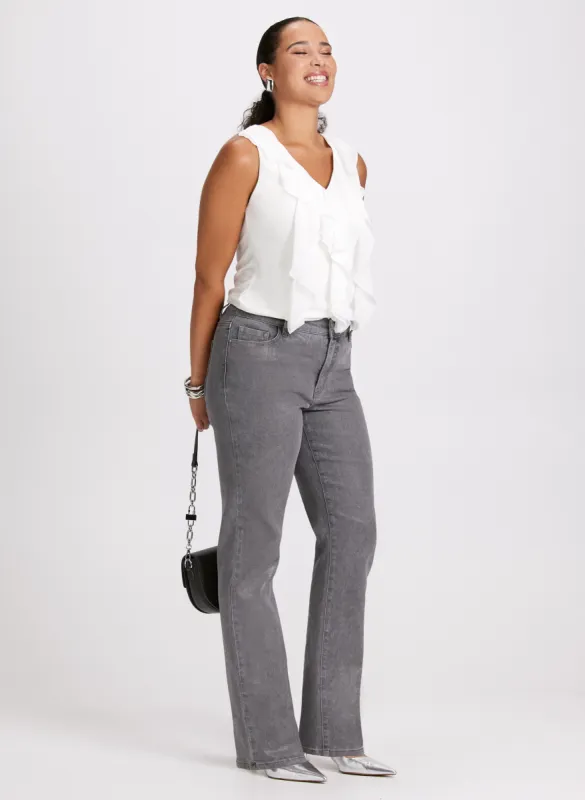 Sleeveless Ruffle Front Top & Foiled Straight Leg Jeans sold by Laura
