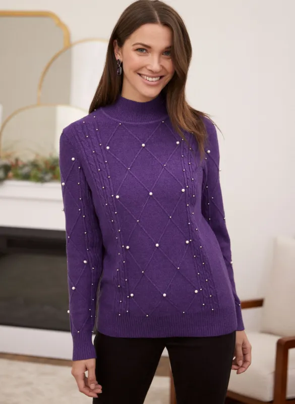Pearl Detail Cable Knit Sweater sold by Laura