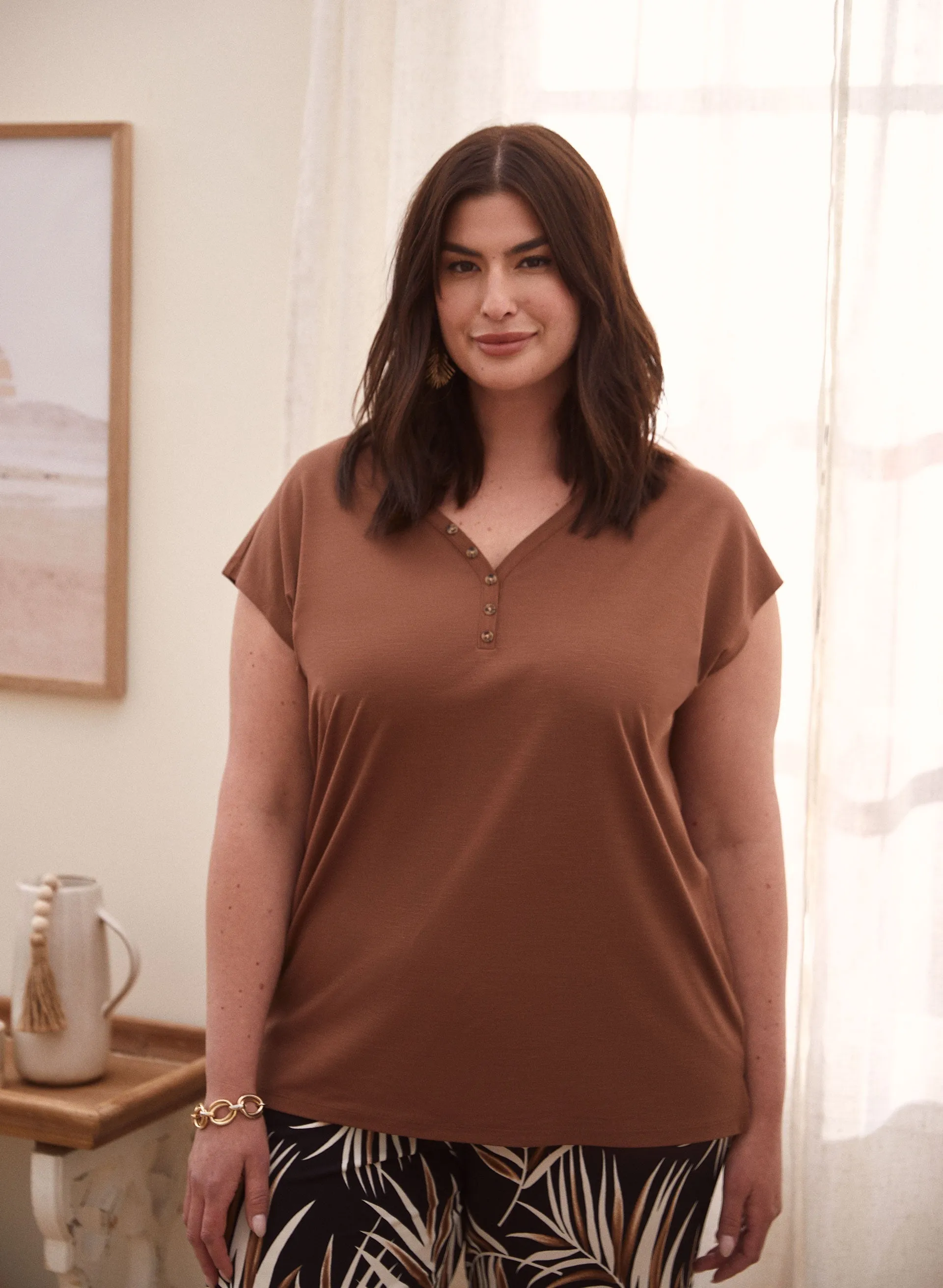 Drop Shoulder Henley Tee sold by Laura