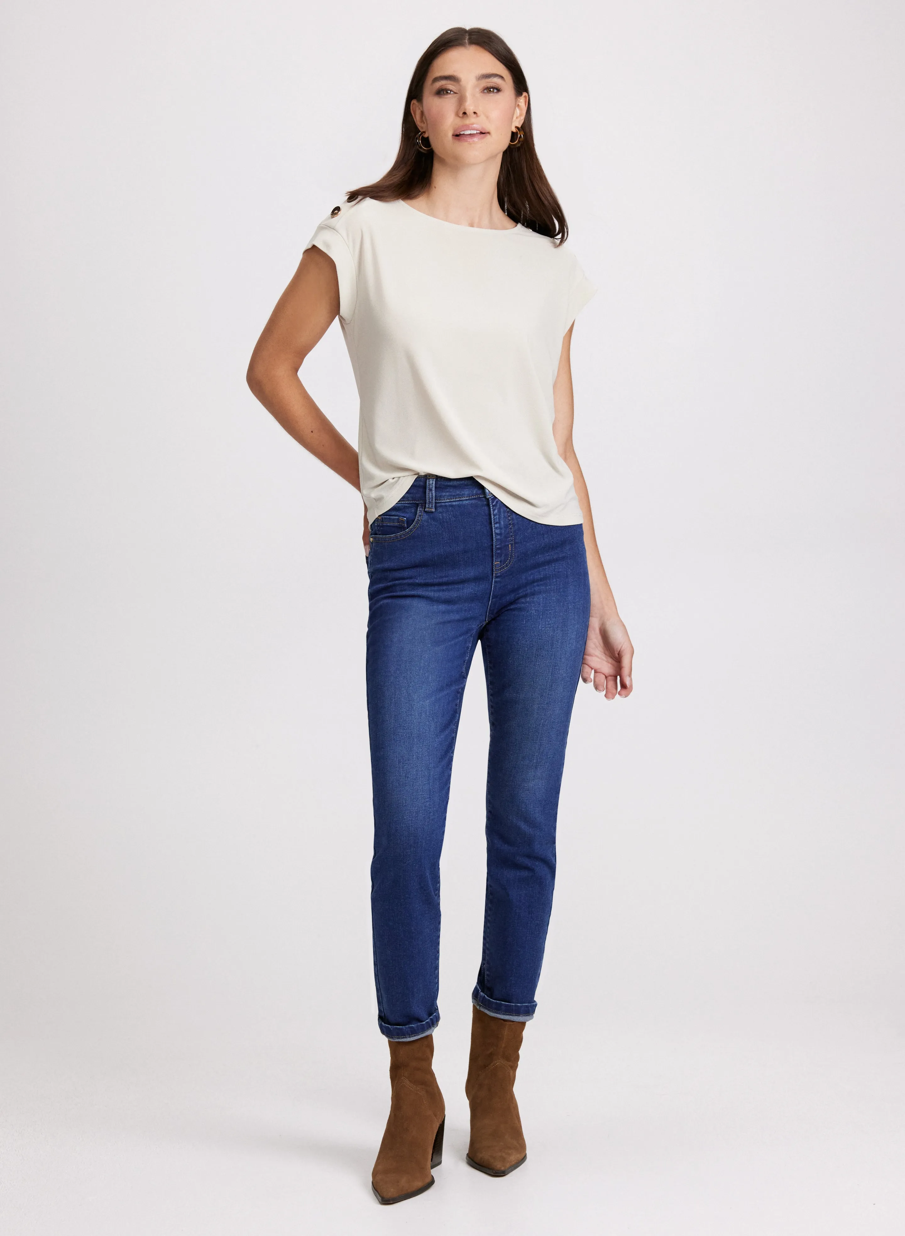Button Shoulder Detail Top & Slim Leg Jeans sold by Laura