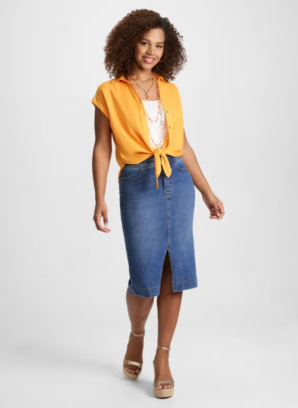 Linen Blend Knotted Blouse & Slit Hem Denim Midi Skirt sold by Laura