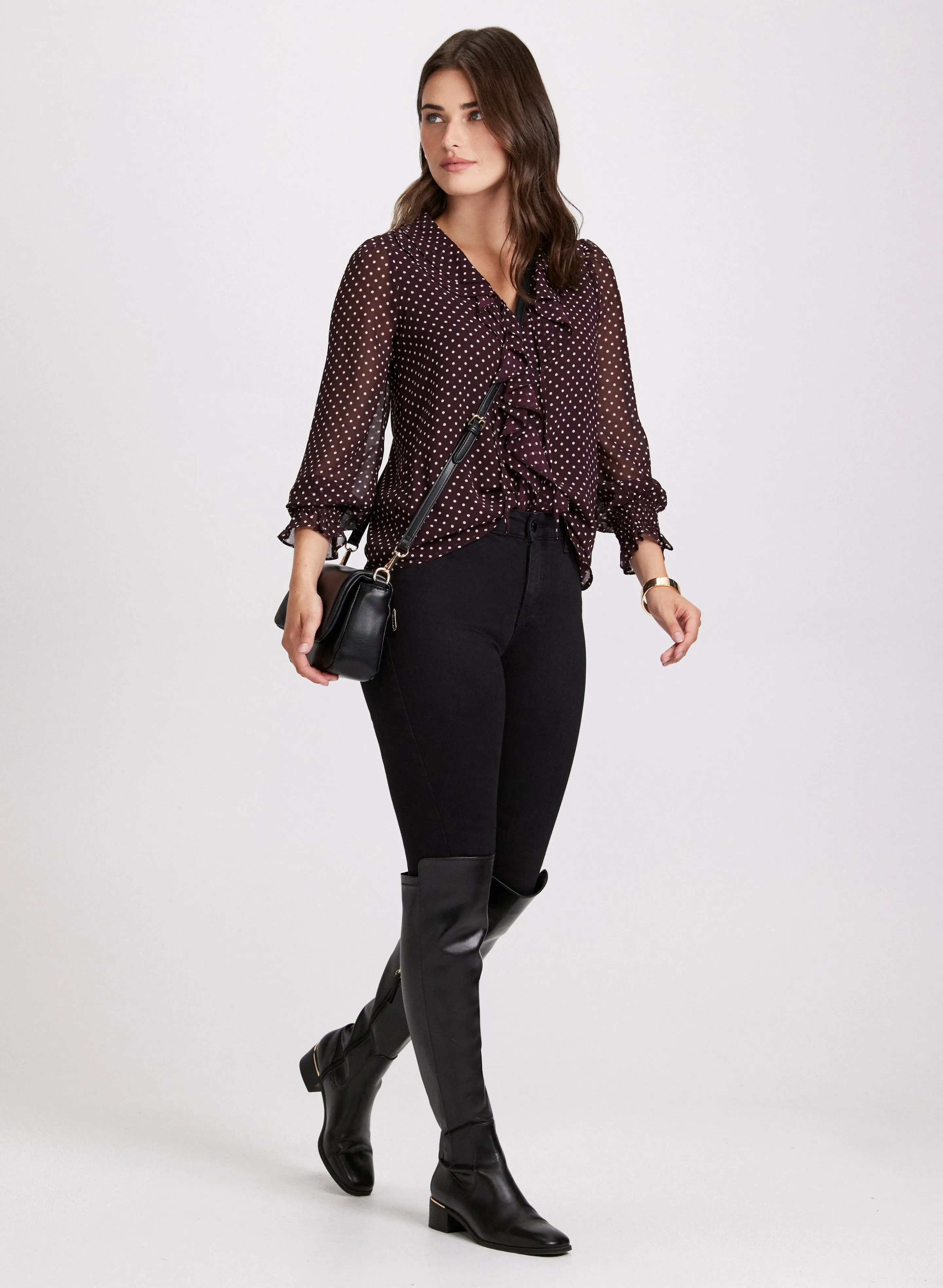 Polka Dot Ruffled Blouse & Slim Leg Jeans sold by Laura