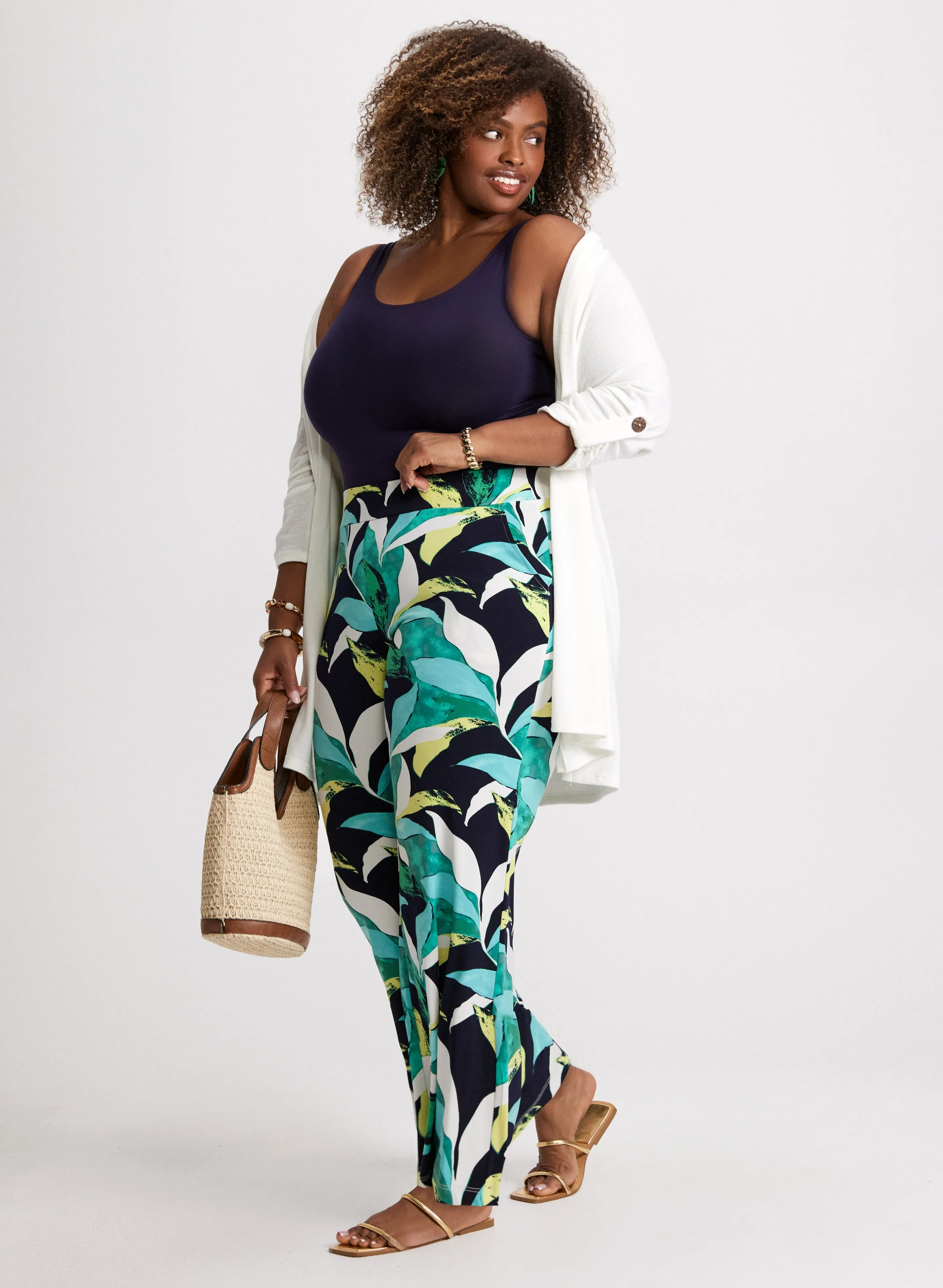 Open Front Top & Leaf Print Pants sold by Laura