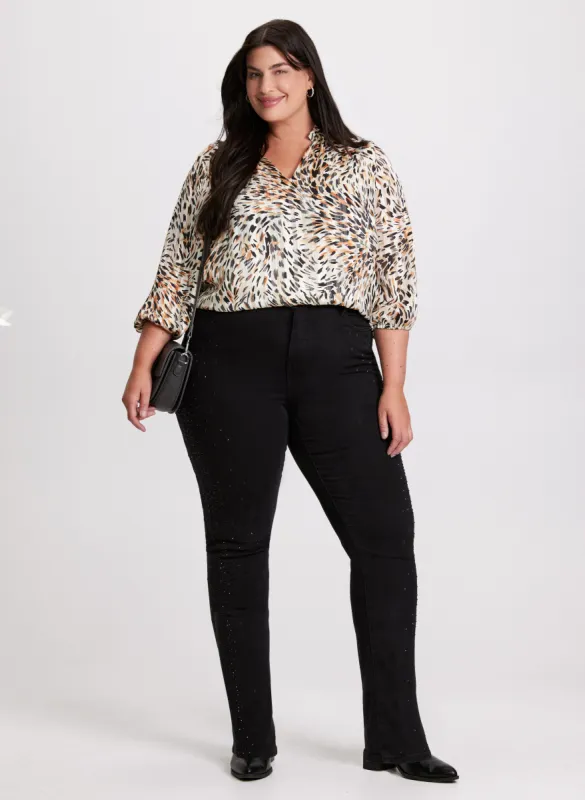 Abstract Animal Print Blouse & Rhinestone Detail Straight Leg Jeans sold by Laura